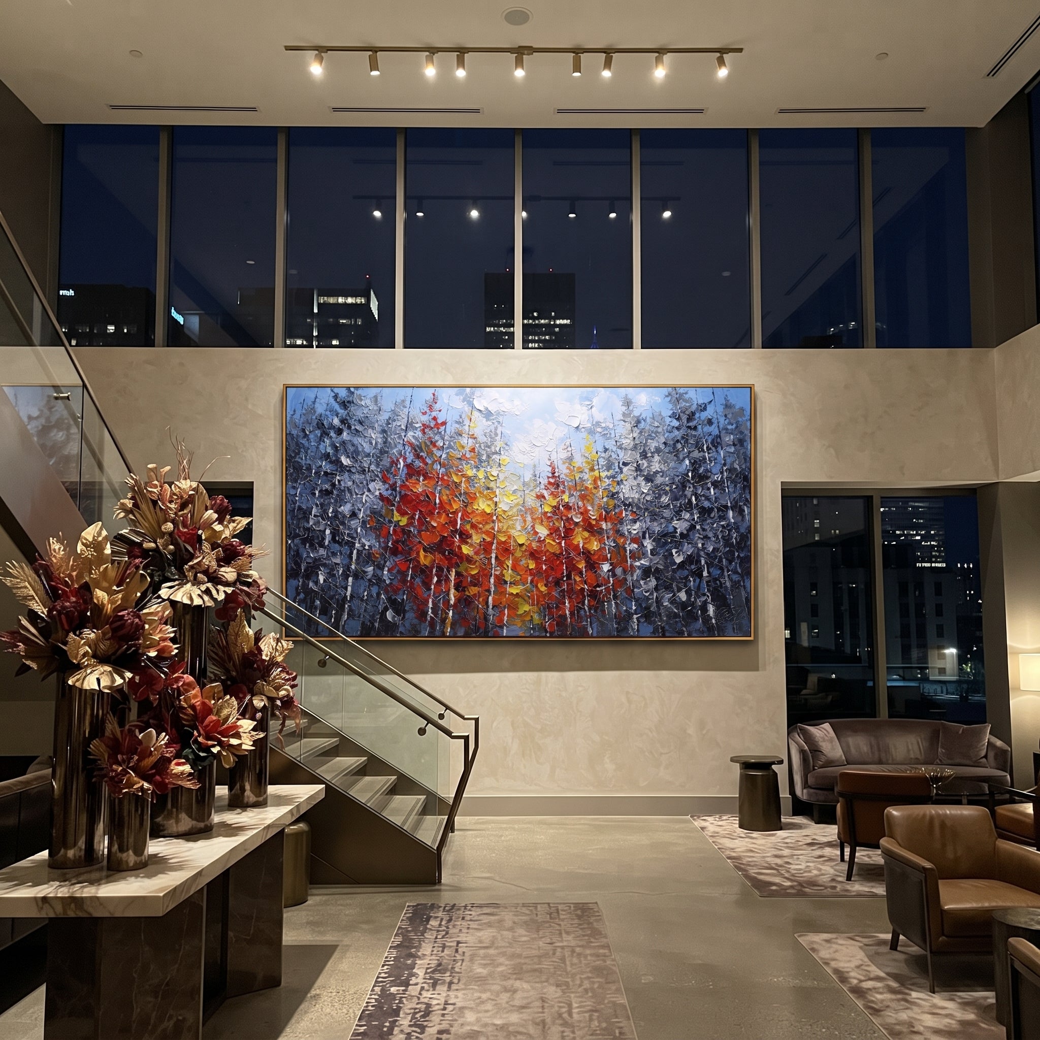 "Crimson Birch Canopy Painting" focuses on atmosphere, surface movement, and sculptural heavy impasto craftsmanship rather than a fixed literal storyline. The composition uses this hand-painted panoramic canvas presents dense cool grey birch woods with a wide crimson, orange, and yellow canopy spreading across the middle in thick sculptural strokes as the visual anchor, while layered palette-knife paint, raised plaster-like texture, and softened brush movement create tactile depth across the