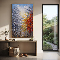 "Golden Path Birch Forest Painting" focuses on atmosphere, surface movement, and sculptural heavy impasto craftsmanship rather than a fixed literal storyline. The composition uses this hand-painted vertical canvas shows a tall birch forest with a bright golden path of yellow and white leaves beside a red orange canopy, set against cool blue grey woods as the visual anchor, while layered palette-knife paint, raised plaster-like texture, and softened brush movement create tactile depth across the