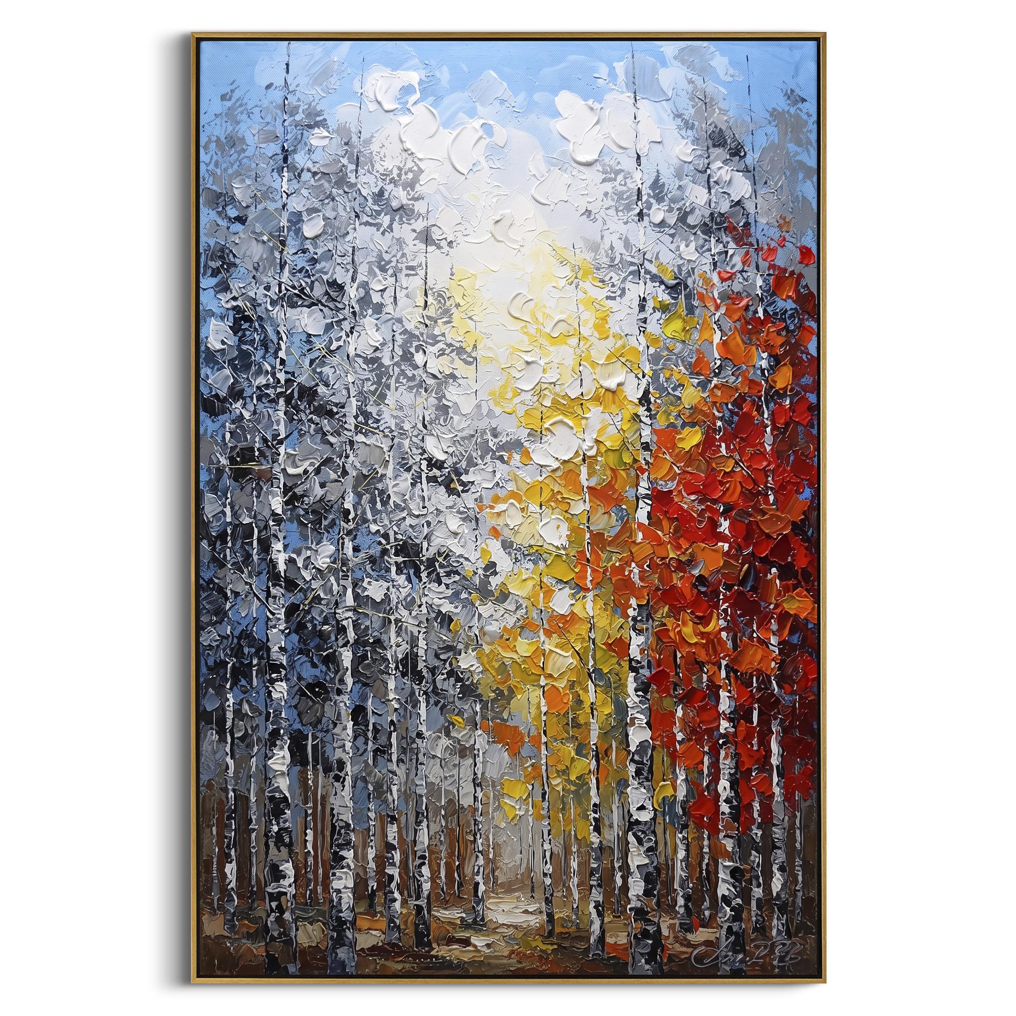 "Golden Path Birch Forest Painting" focuses on atmosphere, surface movement, and sculptural heavy impasto craftsmanship rather than a fixed literal storyline. The composition uses this hand-painted vertical canvas shows a tall birch forest with a bright golden path of yellow and white leaves beside a red orange canopy, set against cool blue grey woods as the visual anchor, while layered palette-knife paint, raised plaster-like texture, and softened brush movement create tactile depth across the
