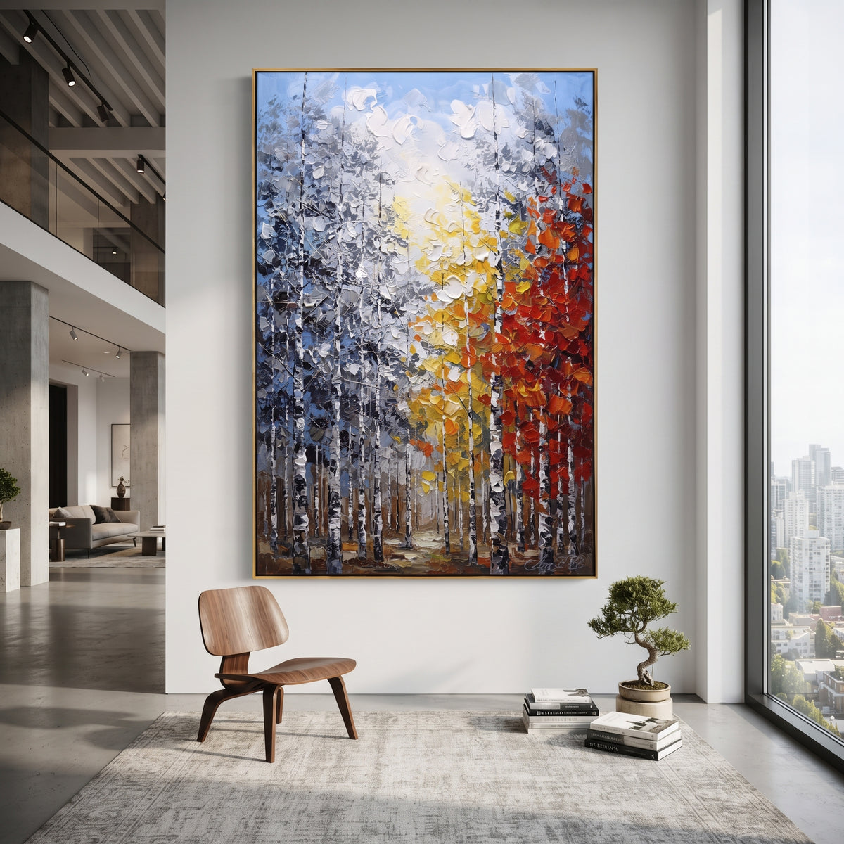 "Golden Path Birch Forest Painting" focuses on atmosphere, surface movement, and sculptural heavy impasto craftsmanship rather than a fixed literal storyline. The composition uses this hand-painted vertical canvas shows a tall birch forest with a bright golden path of yellow and white leaves beside a red orange canopy, set against cool blue grey woods as the visual anchor, while layered palette-knife paint, raised plaster-like texture, and softened brush movement create tactile depth across the