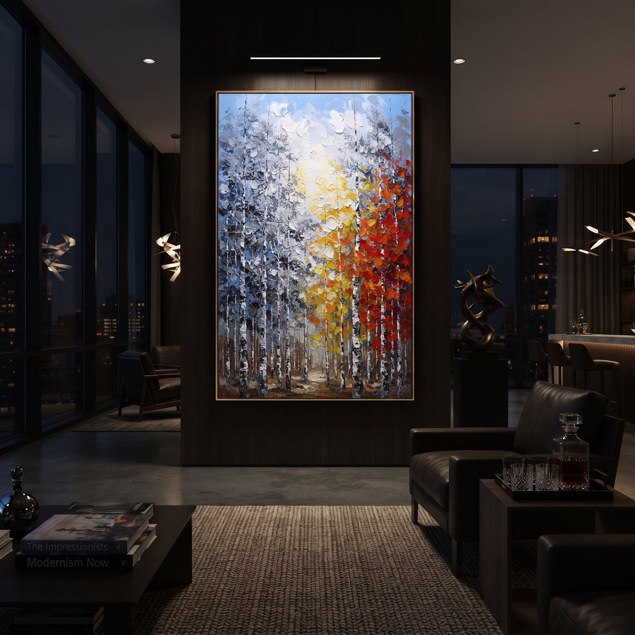 "Golden Path Birch Forest Painting" focuses on atmosphere, surface movement, and sculptural heavy impasto craftsmanship rather than a fixed literal storyline. The composition uses this hand-painted vertical canvas shows a tall birch forest with a bright golden path of yellow and white leaves beside a red orange canopy, set against cool blue grey woods as the visual anchor, while layered palette-knife paint, raised plaster-like texture, and softened brush movement create tactile depth across the