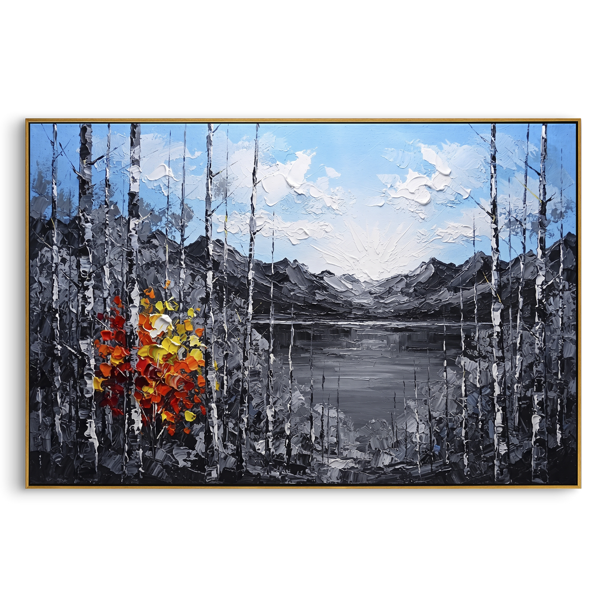"Grey Lake Birch Window Painting" - Modern Heavy Impasto Landscape Artwork | Grey & Blue Palette Knife Painting | Luxury Horizontal Wall Art #PT 1480