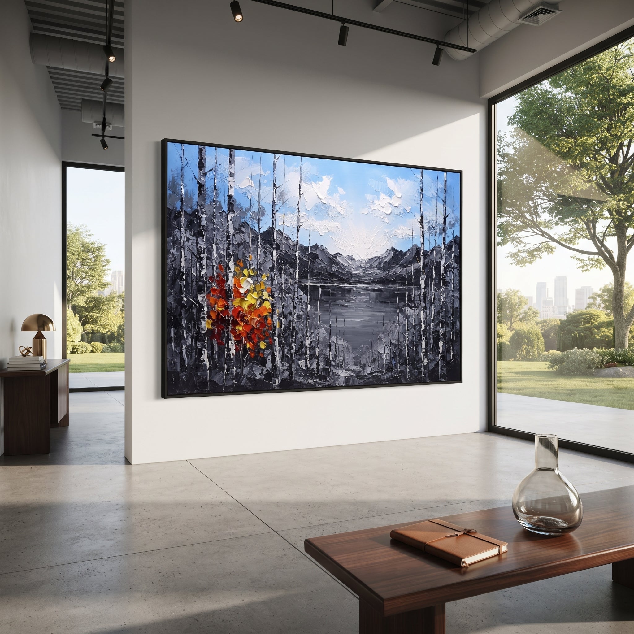 "Grey Lake Birch Window Painting" focuses on atmosphere, surface movement, and sculptural heavy impasto craftsmanship rather than a fixed literal storyline. The composition uses this hand-painted horizontal canvas frames a quiet grey lake and distant mountains with black and white birch trunks, pale blue sky, and a compact red yellow autumn tree at left as the visual anchor, while layered palette-knife paint, raised plaster-like texture, and softened brush movement create tactile depth across