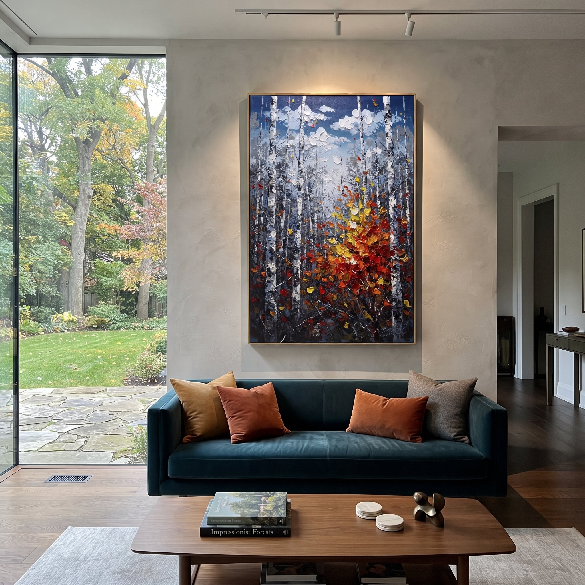 "Deep Blue Birch Leaves Painting" focuses on atmosphere, surface movement, and sculptural heavy impasto craftsmanship rather than a fixed literal storyline. The composition uses this hand-painted vertical canvas features a dark blue grey birch forest with tall white trunks and a rich red, orange, and yellow leaf cluster glowing from the lower right as the visual anchor, while layered palette-knife paint, raised plaster-like texture, and softened brush movement create tactile depth across the