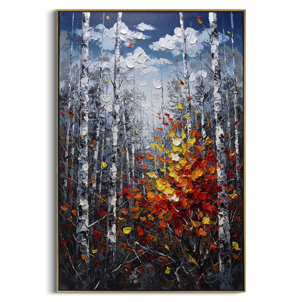 "Deep Blue Birch Leaves Painting" - Modern Heavy Impasto Abstract Artwork | Blue & Red Palette Knife Painting | Luxury Vertical Wall Art #PT 1481