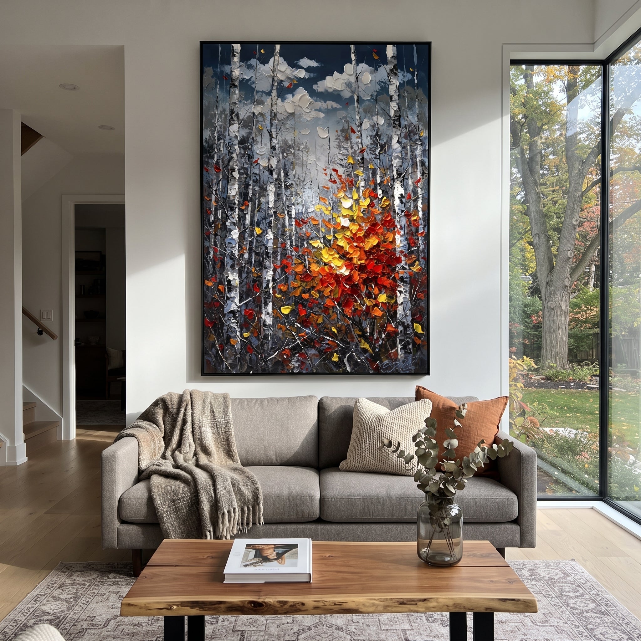"Deep Blue Birch Leaves Painting" focuses on atmosphere, surface movement, and sculptural heavy impasto craftsmanship rather than a fixed literal storyline. The composition uses this hand-painted vertical canvas features a dark blue grey birch forest with tall white trunks and a rich red, orange, and yellow leaf cluster glowing from the lower right as the visual anchor, while layered palette-knife paint, raised plaster-like texture, and softened brush movement create tactile depth across the