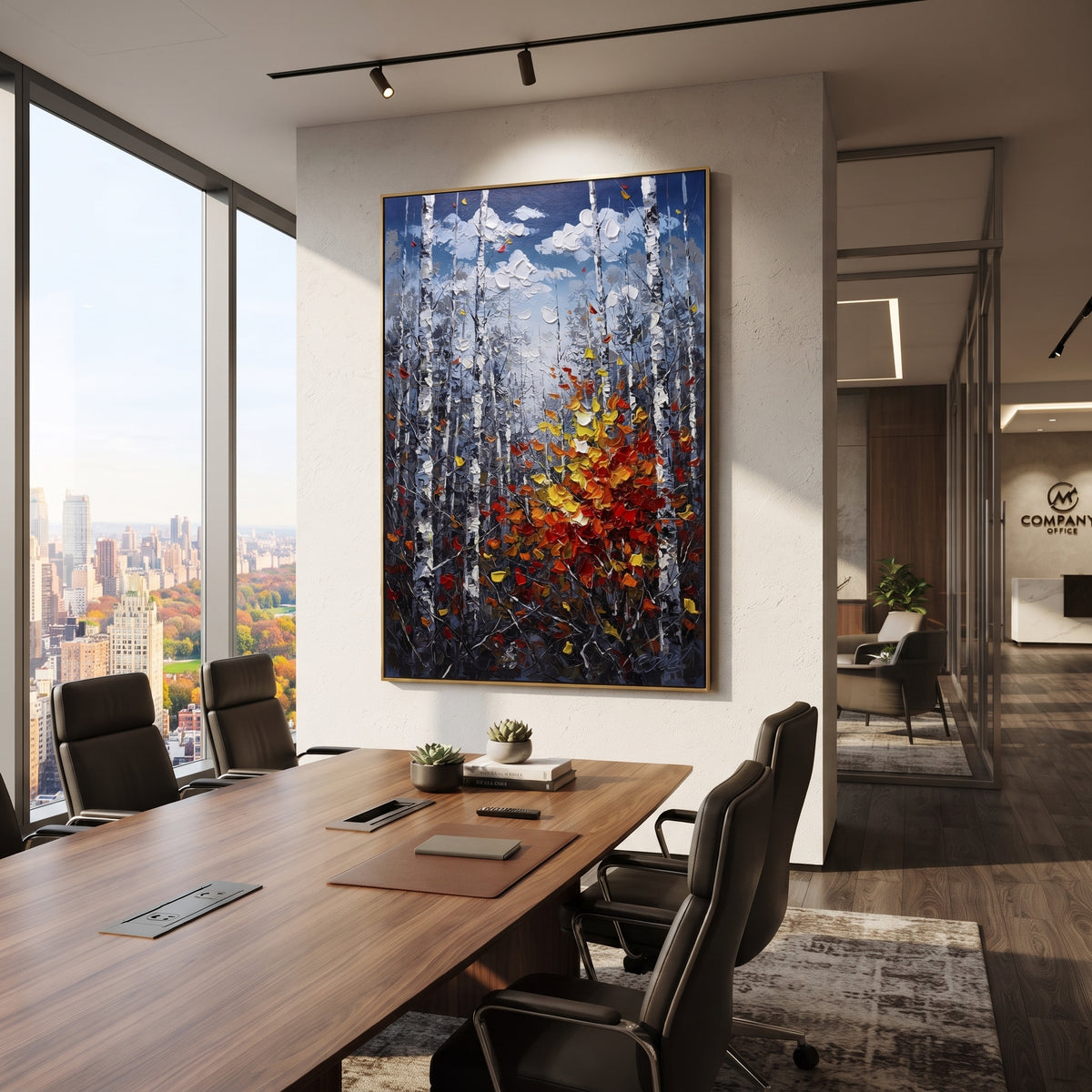 "Deep Blue Birch Leaves Painting" focuses on atmosphere, surface movement, and sculptural heavy impasto craftsmanship rather than a fixed literal storyline. The composition uses this hand-painted vertical canvas features a dark blue grey birch forest with tall white trunks and a rich red, orange, and yellow leaf cluster glowing from the lower right as the visual anchor, while layered palette-knife paint, raised plaster-like texture, and softened brush movement create tactile depth across the