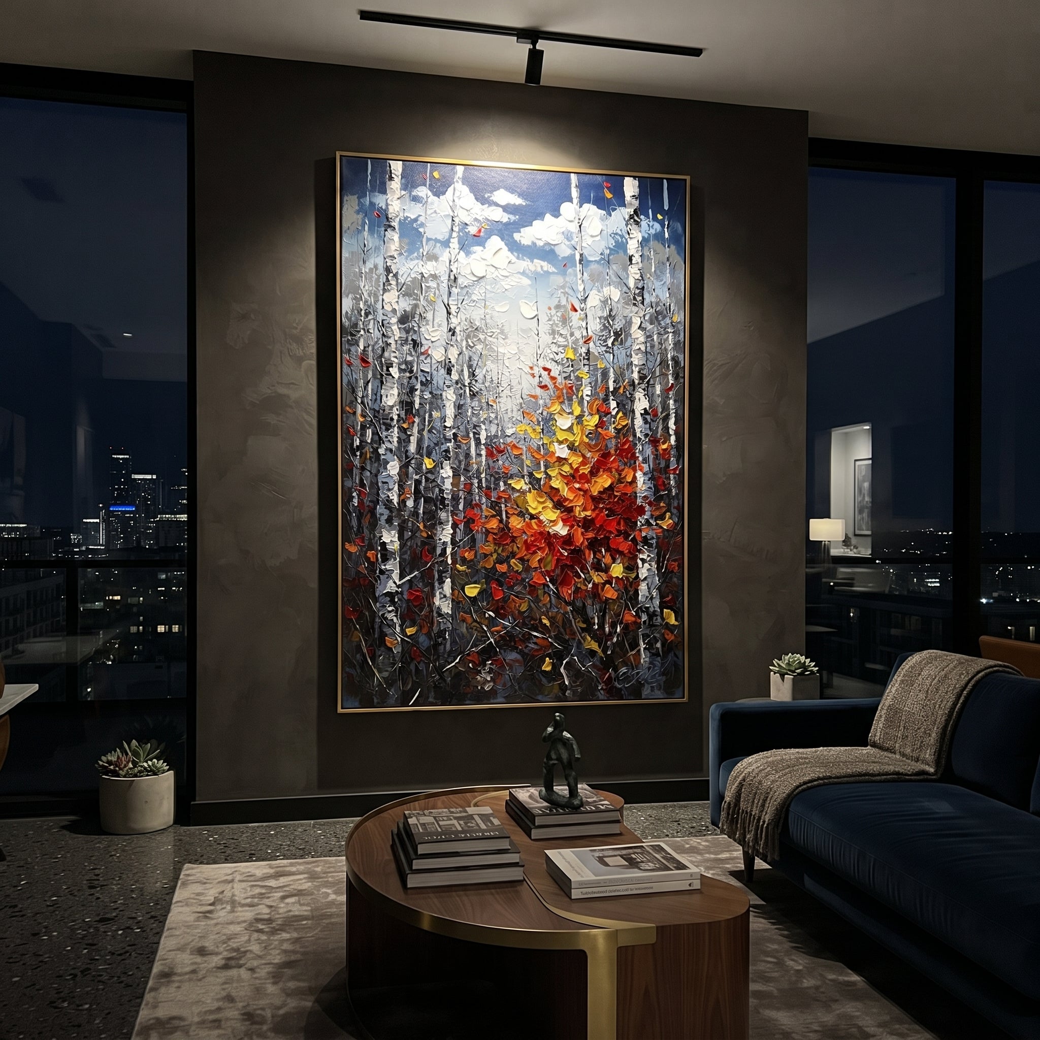 "Deep Blue Birch Leaves Painting" focuses on atmosphere, surface movement, and sculptural heavy impasto craftsmanship rather than a fixed literal storyline. The composition uses this hand-painted vertical canvas features a dark blue grey birch forest with tall white trunks and a rich red, orange, and yellow leaf cluster glowing from the lower right as the visual anchor, while layered palette-knife paint, raised plaster-like texture, and softened brush movement create tactile depth across the