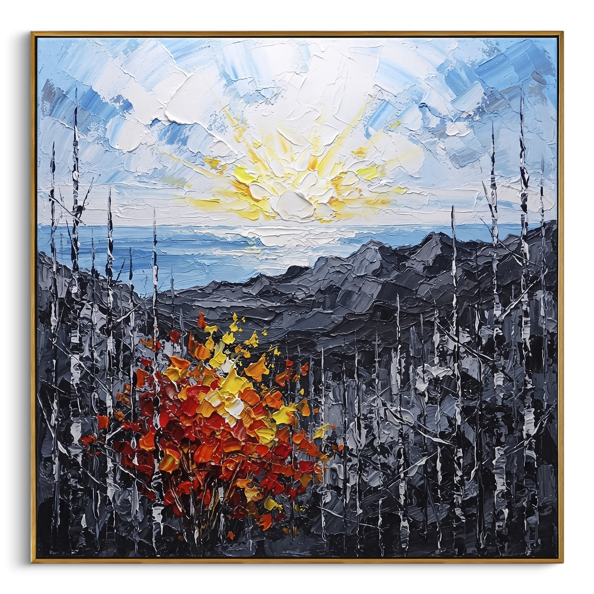"Sunrise Ridge Birch Painting" - Modern Heavy Impasto Landscape Artwork | Blue & Grey Palette Knife Painting | Luxury Square Wall Art #PT 1482