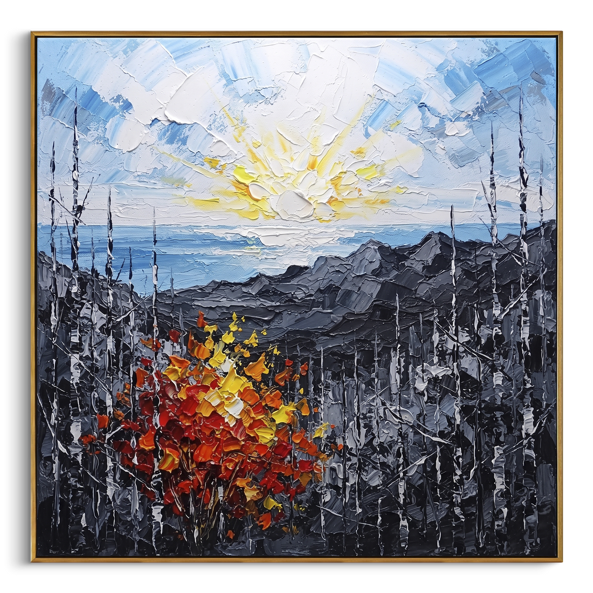 "Sunrise Ridge Birch Painting" focuses on atmosphere, surface movement, and sculptural heavy impasto craftsmanship rather than a fixed literal storyline. The composition uses this hand-painted square canvas presents a glowing sunrise over grey mountain ridges, with black and white birches and a red orange yellow autumn shrub in heavy textured strokes as the visual anchor, while layered palette-knife paint, raised plaster-like texture, and softened brush movement create tactile depth across the