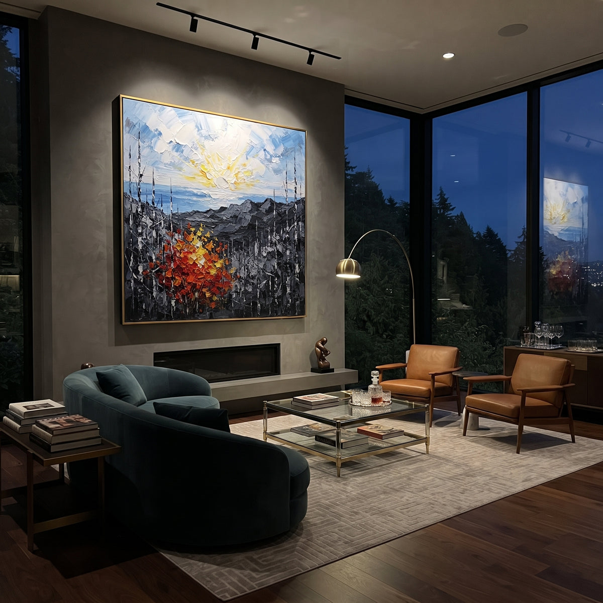 "Sunrise Ridge Birch Painting" focuses on atmosphere, surface movement, and sculptural heavy impasto craftsmanship rather than a fixed literal storyline. The composition uses this hand-painted square canvas presents a glowing sunrise over grey mountain ridges, with black and white birches and a red orange yellow autumn shrub in heavy textured strokes as the visual anchor, while layered palette-knife paint, raised plaster-like texture, and softened brush movement create tactile depth across the
