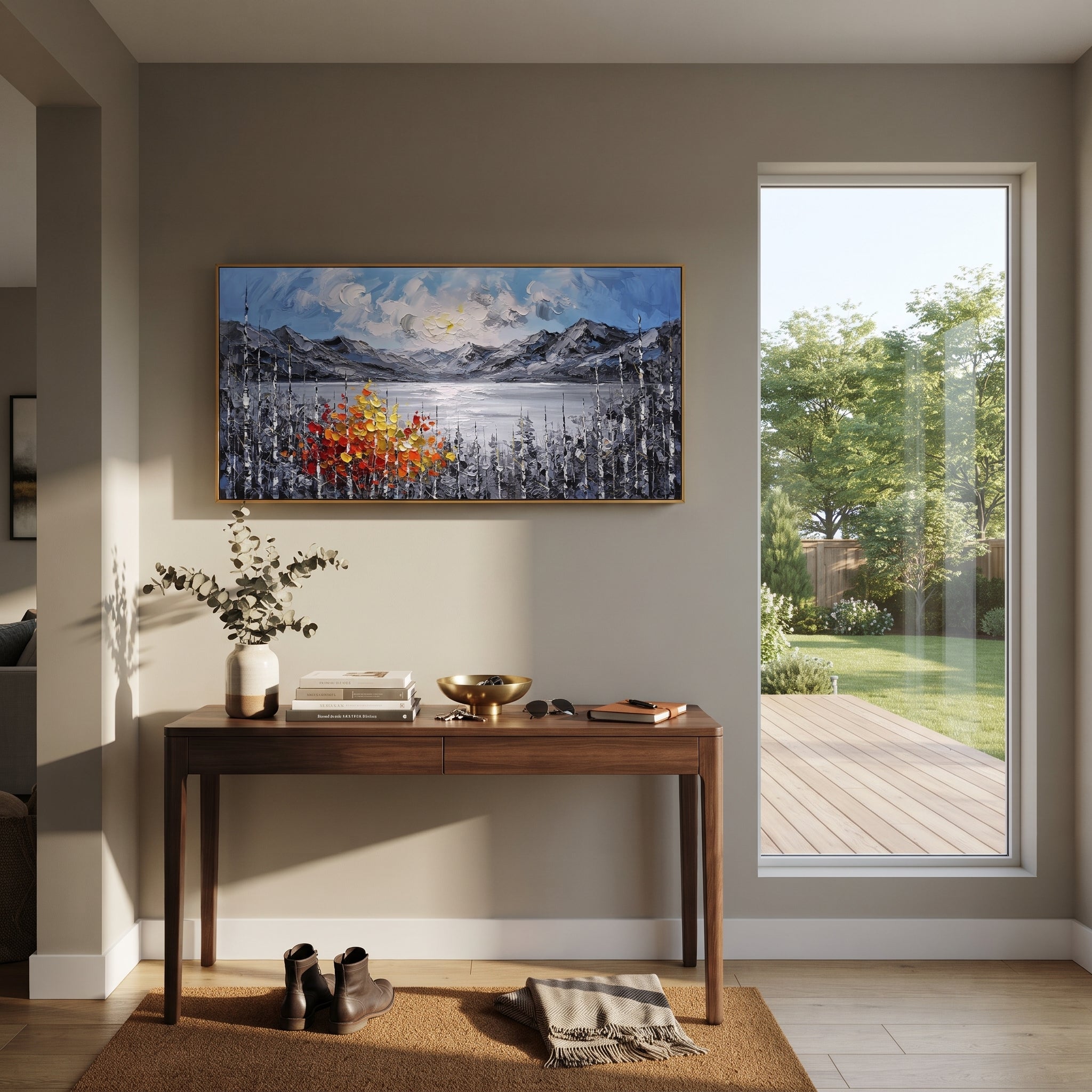 "Wide Mountain Lake Birch Painting" focuses on atmosphere, surface movement, and sculptural heavy impasto craftsmanship rather than a fixed literal storyline. The composition uses this hand-painted panoramic canvas stretches across a silver mountain lake beneath a blue sky, with white birch trunks and a red orange yellow autumn tree anchoring the foreground as the visual anchor, while layered palette-knife paint, raised plaster-like texture, and softened brush movement create tactile depth