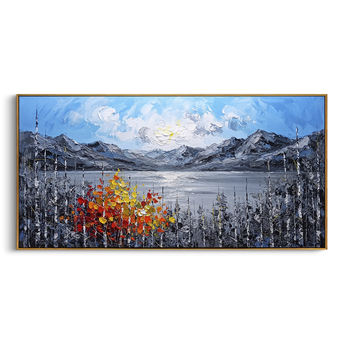 "Wide Mountain Lake Birch Painting" - Modern Heavy Impasto Landscape Artwork | Blue & Grey Palette Knife Painting | Luxury Horizontal Wall Art #PT 1483