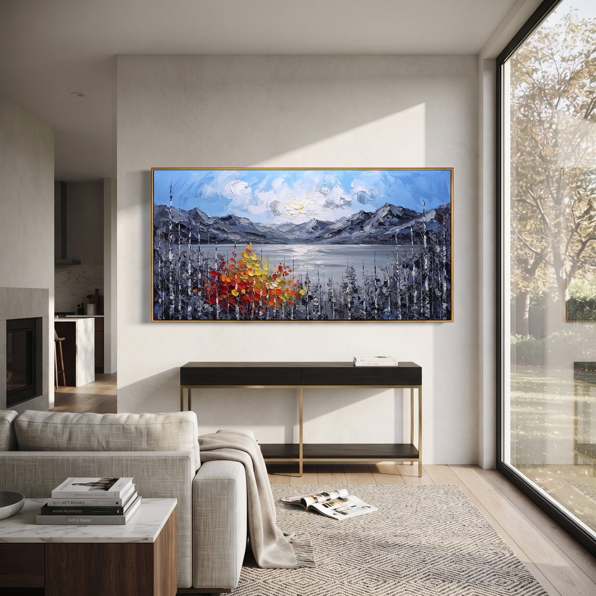 "Wide Mountain Lake Birch Painting" focuses on atmosphere, surface movement, and sculptural heavy impasto craftsmanship rather than a fixed literal storyline. The composition uses this hand-painted panoramic canvas stretches across a silver mountain lake beneath a blue sky, with white birch trunks and a red orange yellow autumn tree anchoring the foreground as the visual anchor, while layered palette-knife paint, raised plaster-like texture, and softened brush movement create tactile depth