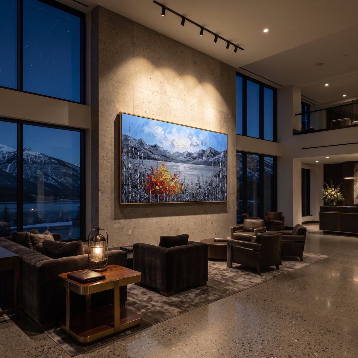 "Wide Mountain Lake Birch Painting" focuses on atmosphere, surface movement, and sculptural heavy impasto craftsmanship rather than a fixed literal storyline. The composition uses this hand-painted panoramic canvas stretches across a silver mountain lake beneath a blue sky, with white birch trunks and a red orange yellow autumn tree anchoring the foreground as the visual anchor, while layered palette-knife paint, raised plaster-like texture, and softened brush movement create tactile depth