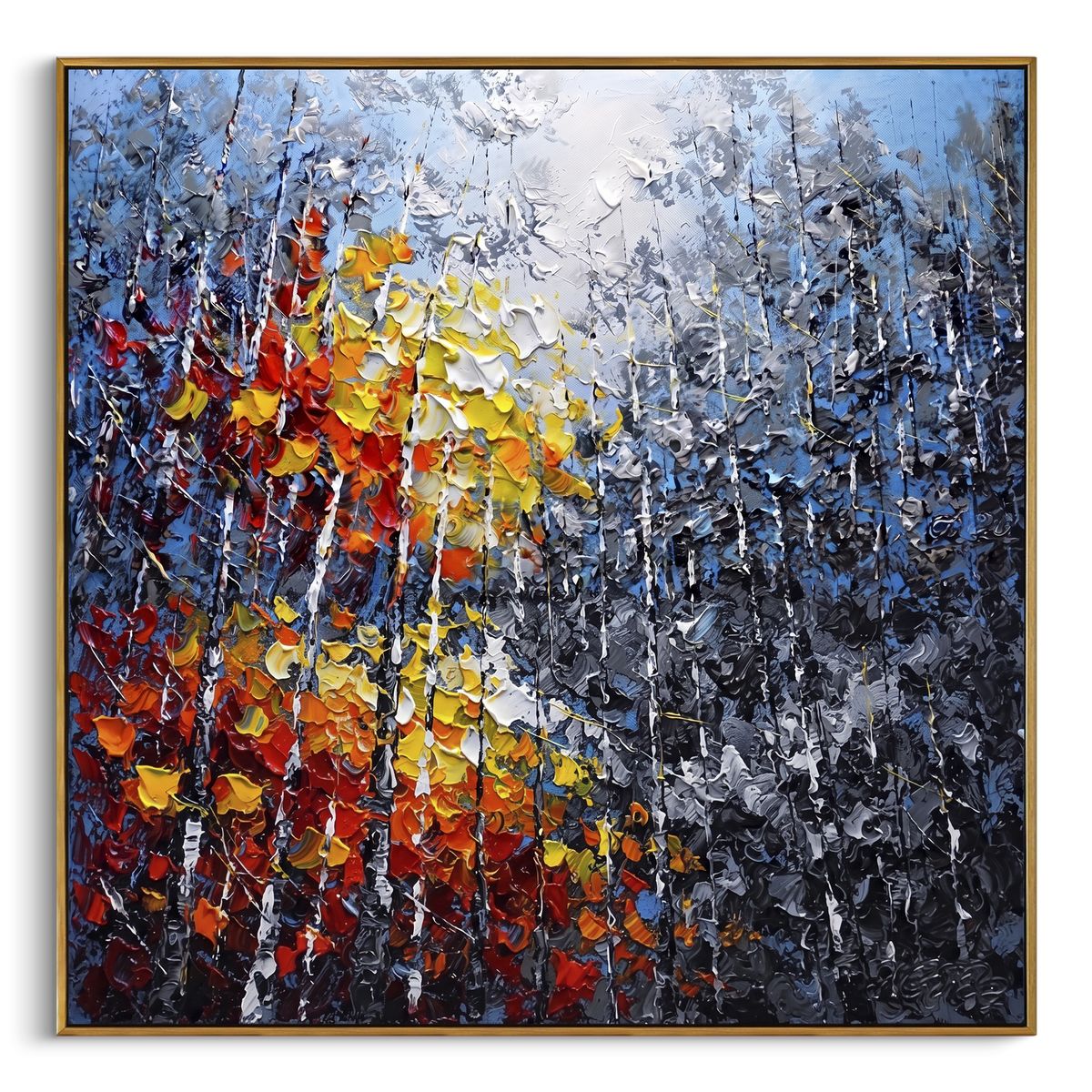 "Blue Grey Autumn Birch Painting" - Modern Heavy Impasto Abstract Artwork | Blue & Grey Palette Knife Painting | Luxury Square Wall Art #PT 1484