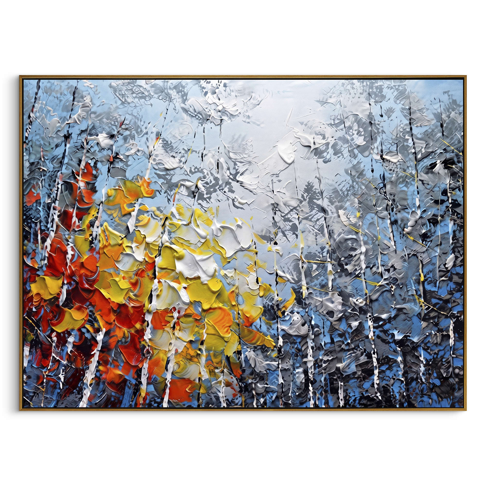 "Mountain Cove Birch Painting" focuses on atmosphere, surface movement, and sculptural heavy impasto craftsmanship rather than a fixed literal storyline. The composition uses this hand-painted horizontal canvas looks past grey birches and dark rocky slopes to a quiet blue cove, with red, orange, and yellow leaves clustered in the foreground as the visual anchor, while layered palette-knife paint, raised plaster-like texture, and softened brush movement create tactile depth across the canvas.