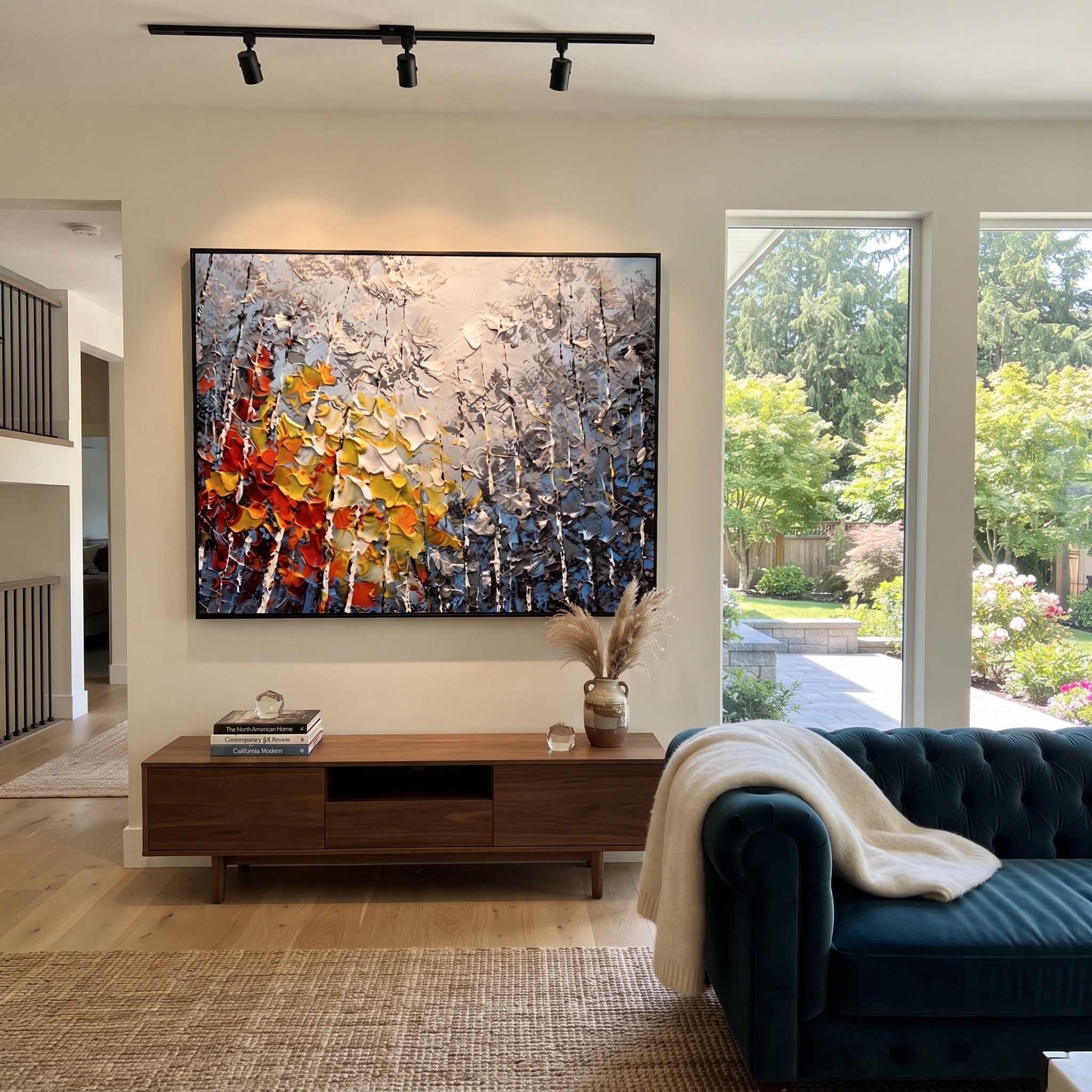 "Mountain Cove Birch Painting" focuses on atmosphere, surface movement, and sculptural heavy impasto craftsmanship rather than a fixed literal storyline. The composition uses this hand-painted horizontal canvas looks past grey birches and dark rocky slopes to a quiet blue cove, with red, orange, and yellow leaves clustered in the foreground as the visual anchor, while layered palette-knife paint, raised plaster-like texture, and softened brush movement create tactile depth across the canvas.