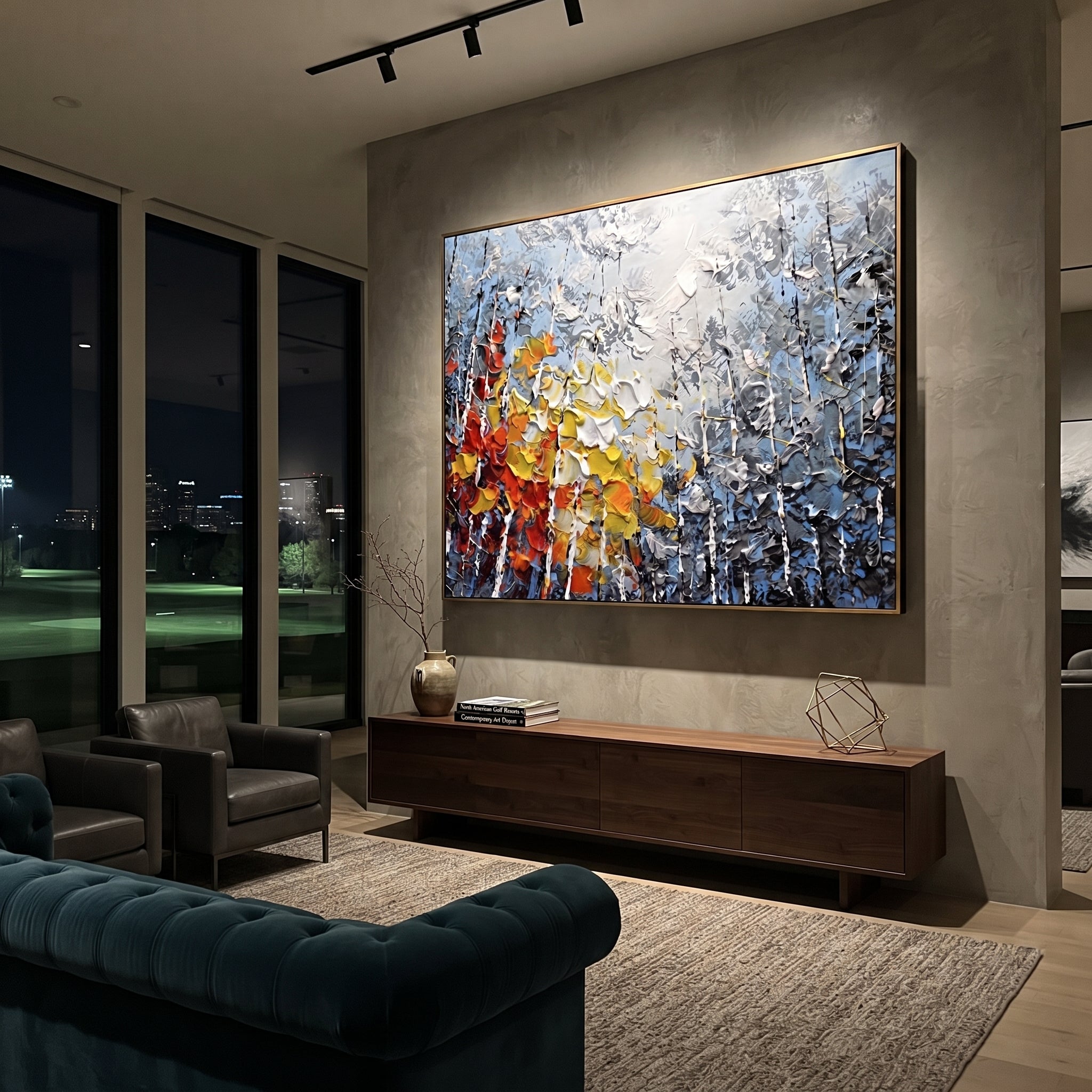 "Mountain Cove Birch Painting" focuses on atmosphere, surface movement, and sculptural heavy impasto craftsmanship rather than a fixed literal storyline. The composition uses this hand-painted horizontal canvas looks past grey birches and dark rocky slopes to a quiet blue cove, with red, orange, and yellow leaves clustered in the foreground as the visual anchor, while layered palette-knife paint, raised plaster-like texture, and softened brush movement create tactile depth across the canvas.