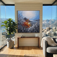 "Silver Birch Autumn Branch Painting" focuses on atmosphere, surface movement, and sculptural heavy impasto craftsmanship rather than a fixed literal storyline. The composition uses this hand-painted square canvas features cool grey birch trunks around a pale blue white sky, with one red orange yellow branch rising through the center in raised palette-knife texture as the visual anchor, while layered palette-knife paint, raised plaster-like texture, and softened brush movement create tactile