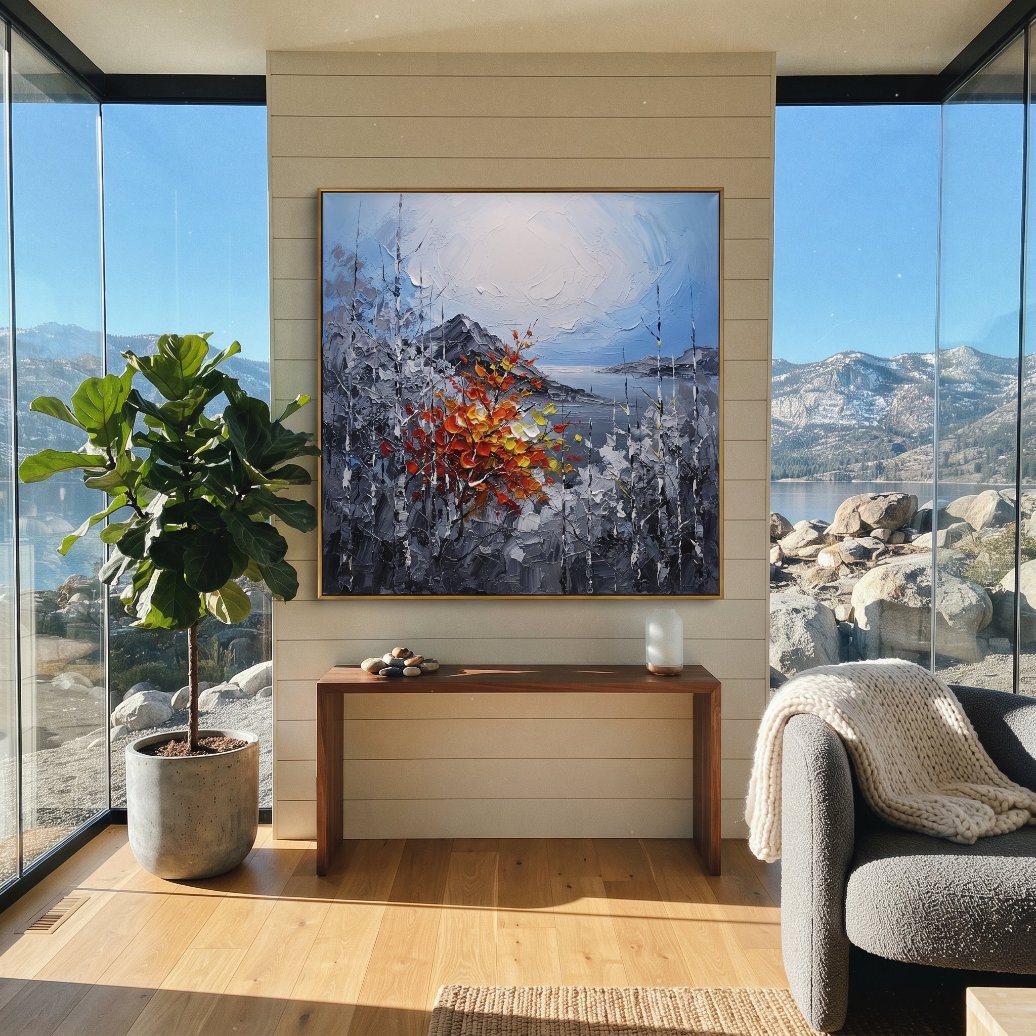 "Silver Birch Autumn Branch Painting" focuses on atmosphere, surface movement, and sculptural heavy impasto craftsmanship rather than a fixed literal storyline. The composition uses this hand-painted square canvas features cool grey birch trunks around a pale blue white sky, with one red orange yellow branch rising through the center in raised palette-knife texture as the visual anchor, while layered palette-knife paint, raised plaster-like texture, and softened brush movement create tactile