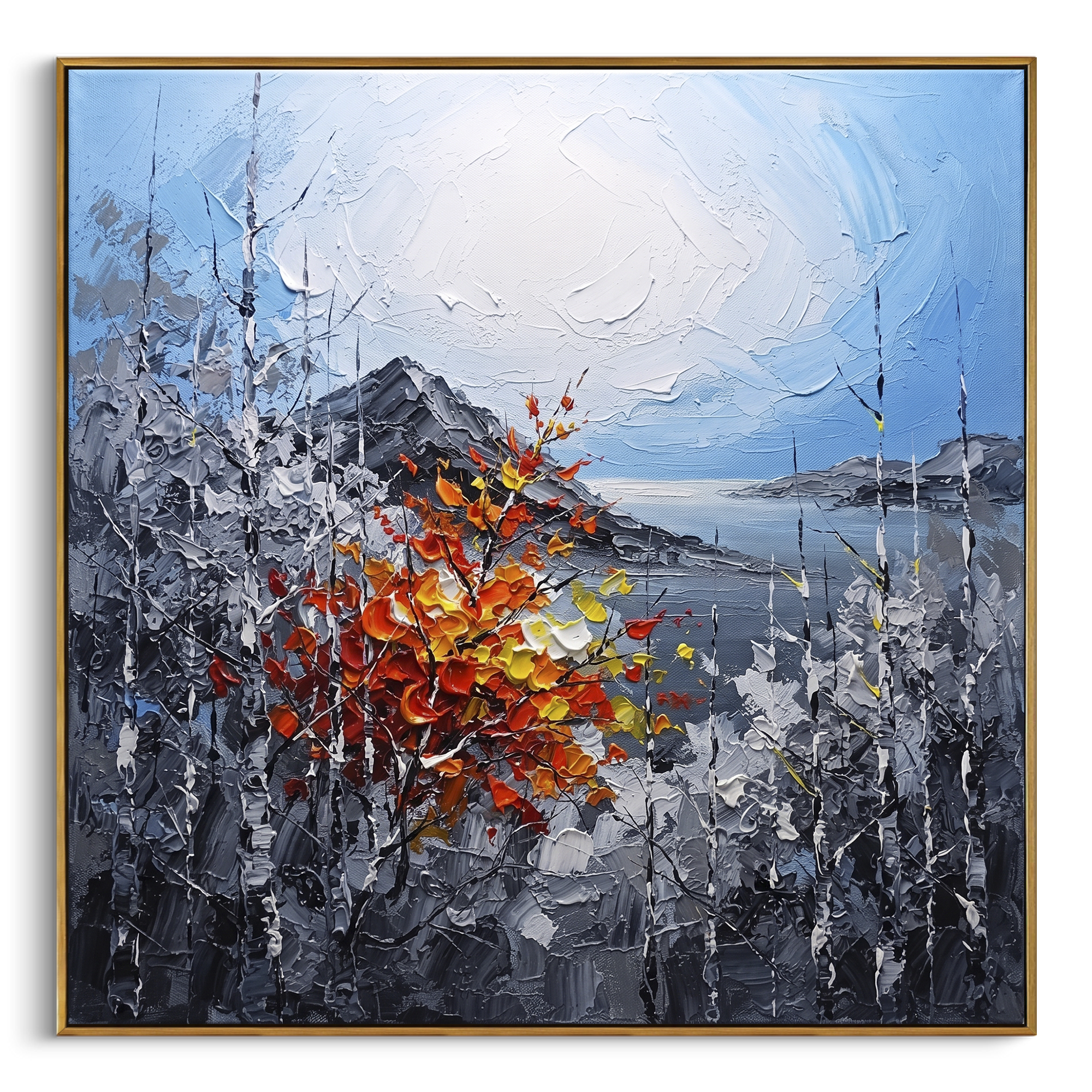 "Silver Birch Autumn Branch Painting" focuses on atmosphere, surface movement, and sculptural heavy impasto craftsmanship rather than a fixed literal storyline. The composition uses this hand-painted square canvas features cool grey birch trunks around a pale blue white sky, with one red orange yellow branch rising through the center in raised palette-knife texture as the visual anchor, while layered palette-knife paint, raised plaster-like texture, and softened brush movement create tactile