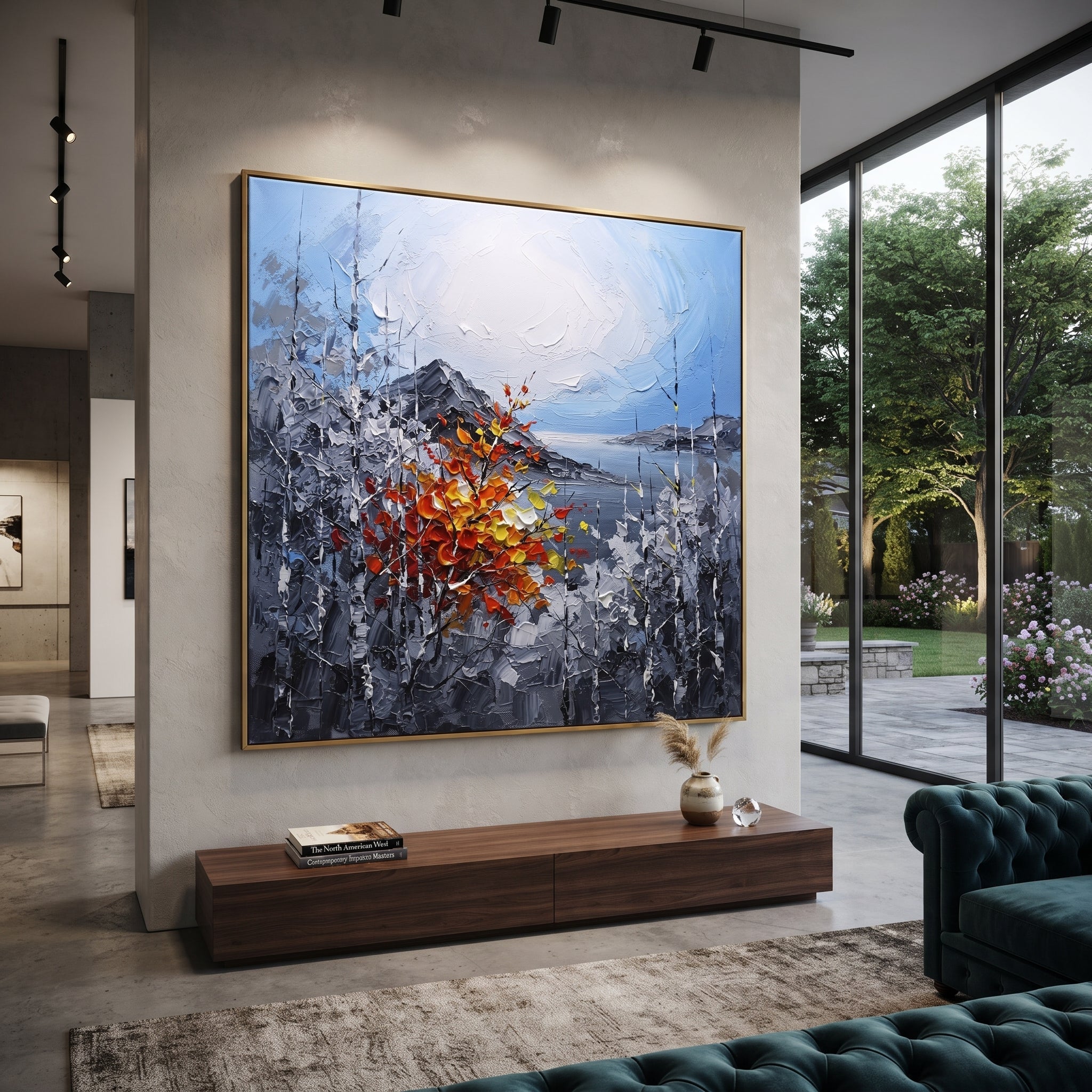 "Silver Birch Autumn Branch Painting" focuses on atmosphere, surface movement, and sculptural heavy impasto craftsmanship rather than a fixed literal storyline. The composition uses this hand-painted square canvas features cool grey birch trunks around a pale blue white sky, with one red orange yellow branch rising through the center in raised palette-knife texture as the visual anchor, while layered palette-knife paint, raised plaster-like texture, and softened brush movement create tactile