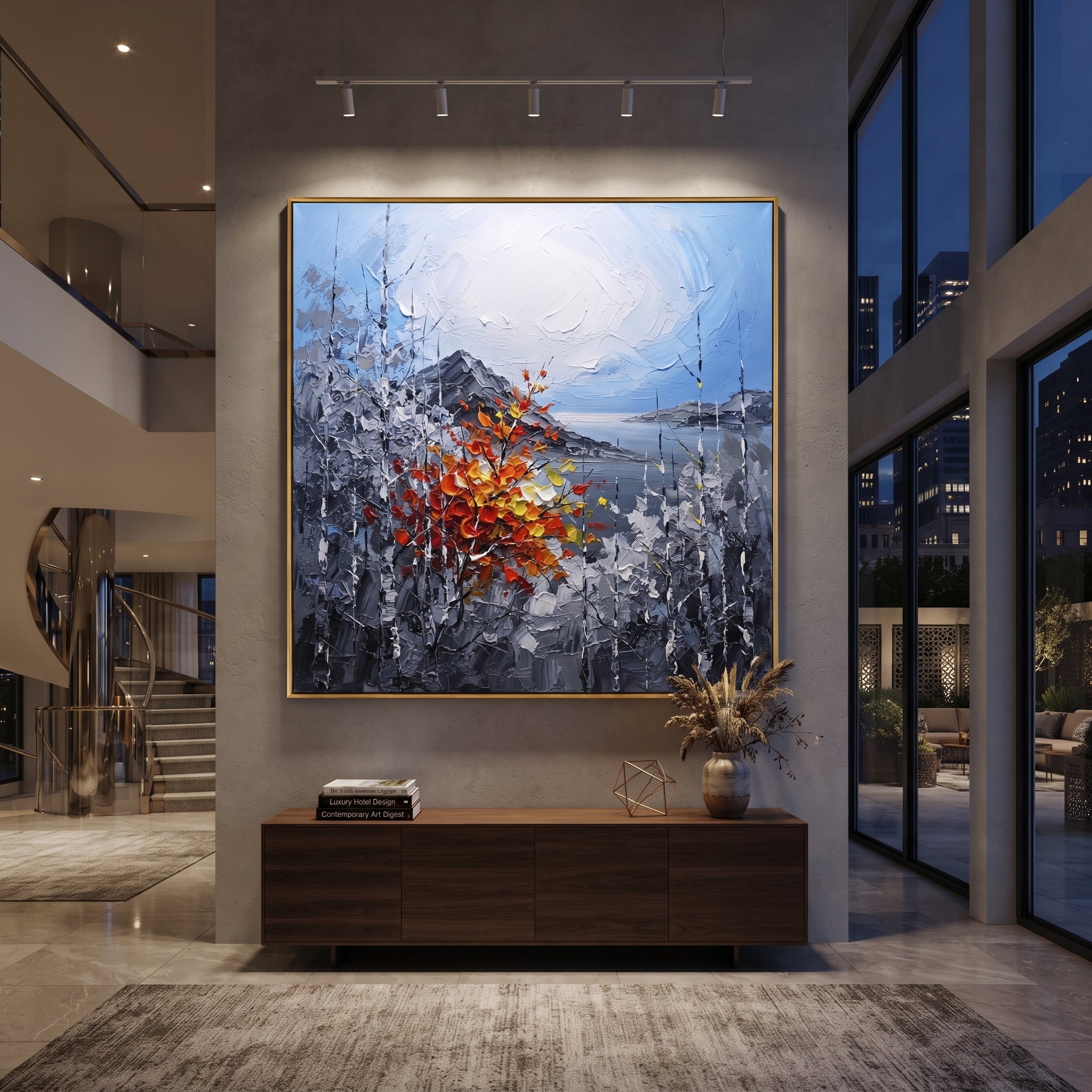 "Silver Birch Autumn Branch Painting" focuses on atmosphere, surface movement, and sculptural heavy impasto craftsmanship rather than a fixed literal storyline. The composition uses this hand-painted square canvas features cool grey birch trunks around a pale blue white sky, with one red orange yellow branch rising through the center in raised palette-knife texture as the visual anchor, while layered palette-knife paint, raised plaster-like texture, and softened brush movement create tactile