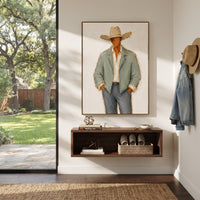 "Sage Jacket Full Body Cowboy Painting" focuses on atmosphere, surface movement, and sculptural heavy impasto craftsmanship rather than a fixed literal storyline. The composition uses this hand-painted vertical canvas shows a faceless western cowboy in a wide beige hat, pale sage jacket, open cream shirt, and blue grey trousers as the visual anchor, while layered palette-knife paint, raised plaster-like texture, and softened brush movement create tactile depth across the canvas. Curated with a