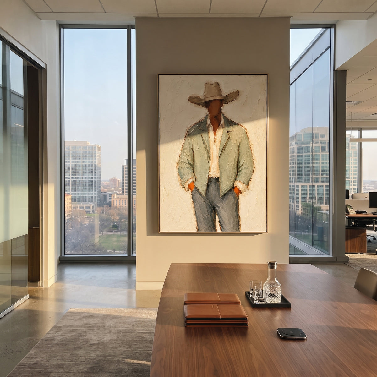 "Sage Jacket Full Body Cowboy Painting" focuses on atmosphere, surface movement, and sculptural heavy impasto craftsmanship rather than a fixed literal storyline. The composition uses this hand-painted vertical canvas shows a faceless western cowboy in a wide beige hat, pale sage jacket, open cream shirt, and blue grey trousers as the visual anchor, while layered palette-knife paint, raised plaster-like texture, and softened brush movement create tactile depth across the canvas. Curated with a