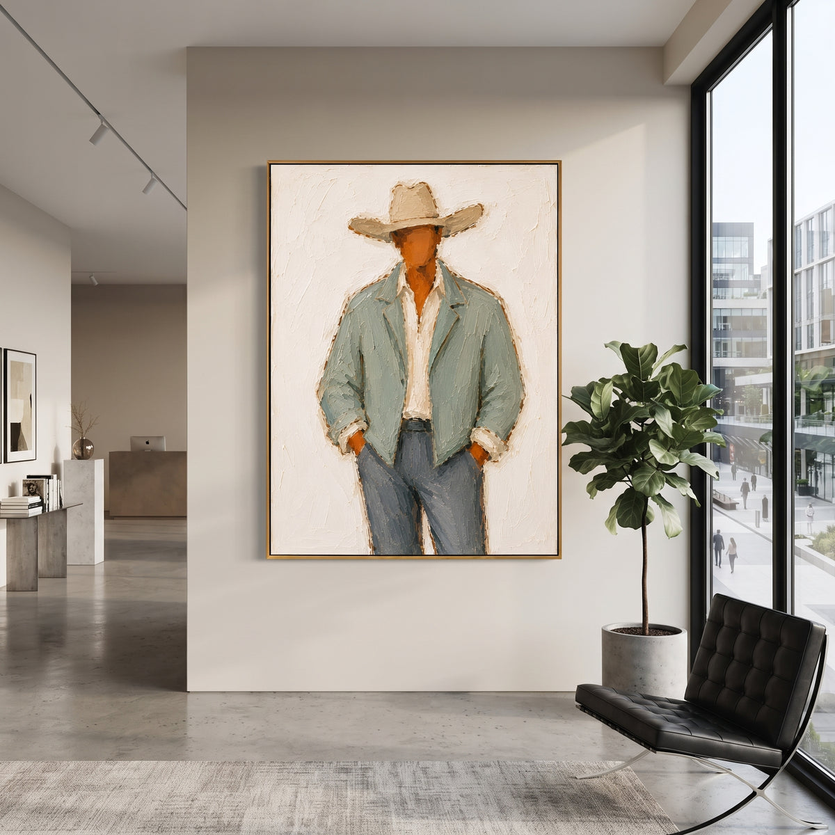 "Sage Jacket Full Body Cowboy Painting" focuses on atmosphere, surface movement, and sculptural heavy impasto craftsmanship rather than a fixed literal storyline. The composition uses this hand-painted vertical canvas shows a faceless western cowboy in a wide beige hat, pale sage jacket, open cream shirt, and blue grey trousers as the visual anchor, while layered palette-knife paint, raised plaster-like texture, and softened brush movement create tactile depth across the canvas. Curated with a