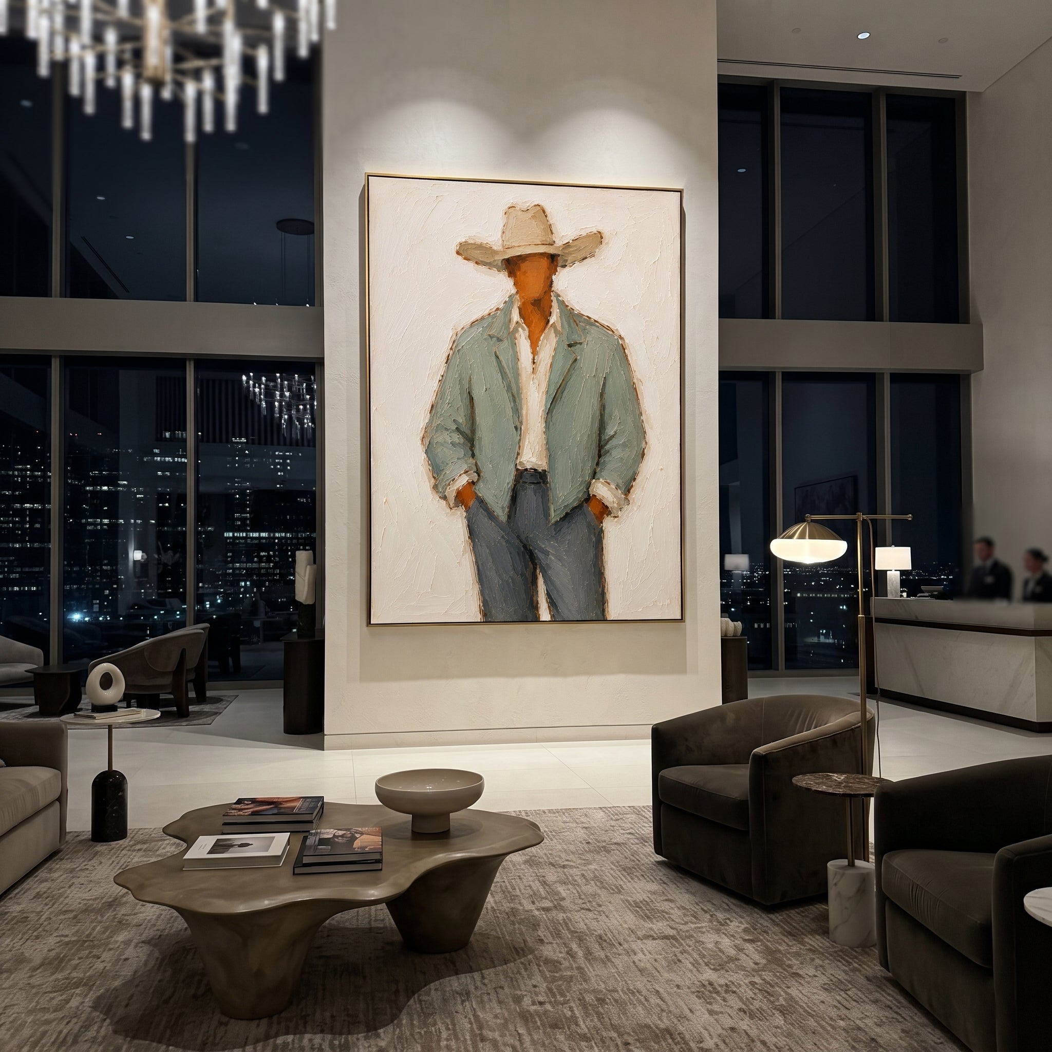 "Sage Jacket Full Body Cowboy Painting" focuses on atmosphere, surface movement, and sculptural heavy impasto craftsmanship rather than a fixed literal storyline. The composition uses this hand-painted vertical canvas shows a faceless western cowboy in a wide beige hat, pale sage jacket, open cream shirt, and blue grey trousers as the visual anchor, while layered palette-knife paint, raised plaster-like texture, and softened brush movement create tactile depth across the canvas. Curated with a