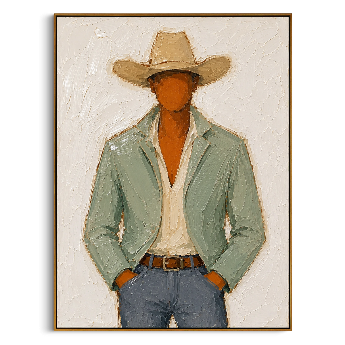 "Front Facing Sage Cowboy Painting" - Modern Heavy Impasto Western Animal Artwork | Green & Beige Palette Knife Painting | Luxury Vertical Wall Art #PT 1488