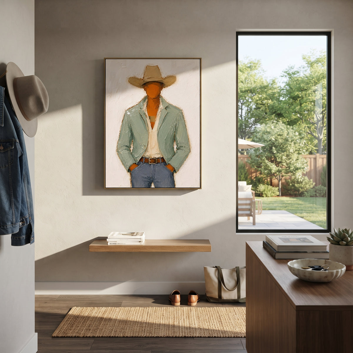 "Front Facing Sage Cowboy Painting" focuses on atmosphere, surface movement, and sculptural heavy impasto craftsmanship rather than a fixed literal storyline. The composition uses this hand-painted vertical canvas presents a front-facing cowboy cropped at the hips, wearing a broad tan hat, pale green jacket, cream shirt, brown belt, and blue grey denim as the visual anchor, while layered palette-knife paint, raised plaster-like texture, and softened brush movement create tactile depth across the