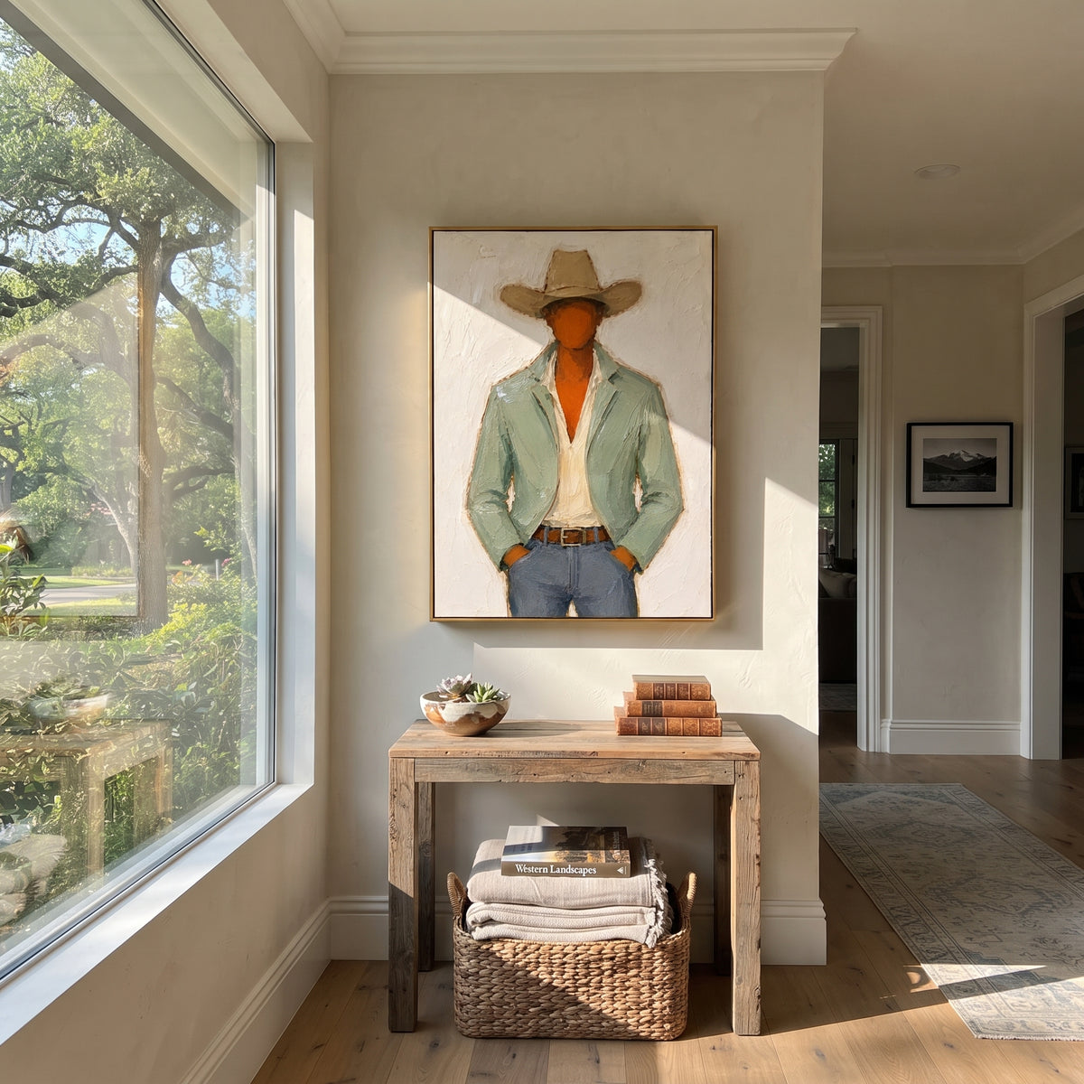 "Front Facing Sage Cowboy Painting" focuses on atmosphere, surface movement, and sculptural heavy impasto craftsmanship rather than a fixed literal storyline. The composition uses this hand-painted vertical canvas presents a front-facing cowboy cropped at the hips, wearing a broad tan hat, pale green jacket, cream shirt, brown belt, and blue grey denim as the visual anchor, while layered palette-knife paint, raised plaster-like texture, and softened brush movement create tactile depth across the