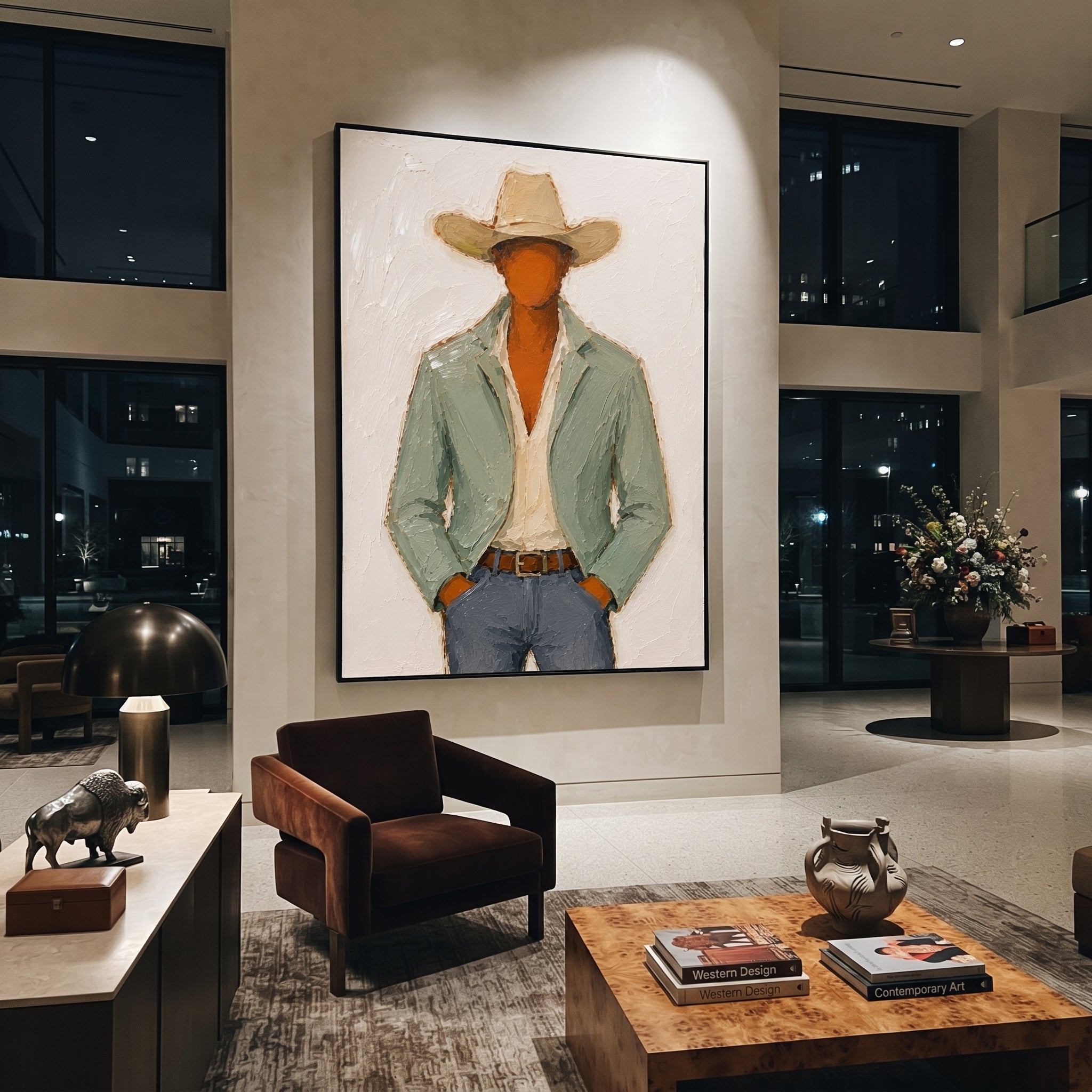 "Front Facing Sage Cowboy Painting" focuses on atmosphere, surface movement, and sculptural heavy impasto craftsmanship rather than a fixed literal storyline. The composition uses this hand-painted vertical canvas presents a front-facing cowboy cropped at the hips, wearing a broad tan hat, pale green jacket, cream shirt, brown belt, and blue grey denim as the visual anchor, while layered palette-knife paint, raised plaster-like texture, and softened brush movement create tactile depth across the
