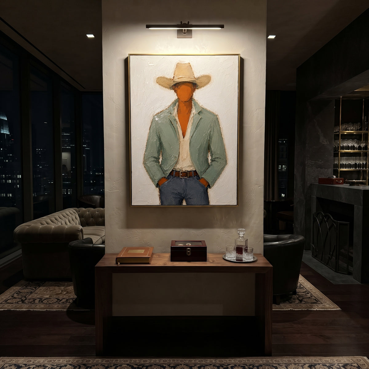 "Front Facing Sage Cowboy Painting" focuses on atmosphere, surface movement, and sculptural heavy impasto craftsmanship rather than a fixed literal storyline. The composition uses this hand-painted vertical canvas presents a front-facing cowboy cropped at the hips, wearing a broad tan hat, pale green jacket, cream shirt, brown belt, and blue grey denim as the visual anchor, while layered palette-knife paint, raised plaster-like texture, and softened brush movement create tactile depth across the