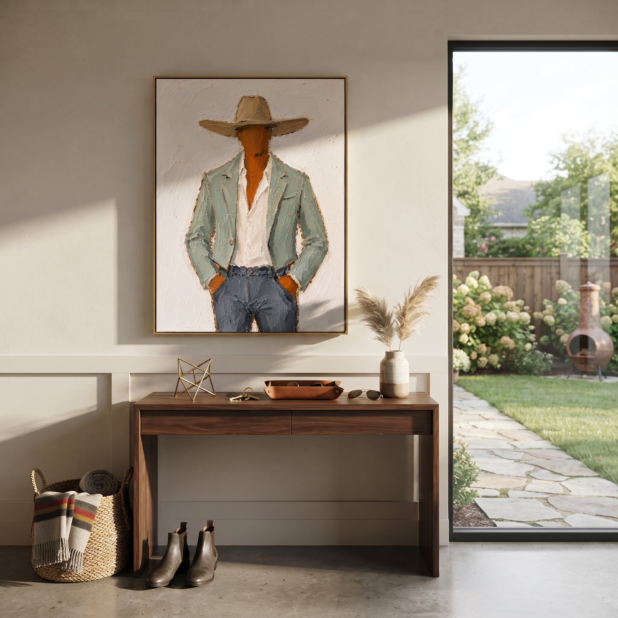 "Close Cowboy Jacket Portrait Painting" focuses on atmosphere, surface movement, and sculptural heavy impasto craftsmanship rather than a fixed literal storyline. The composition uses this hand-painted vertical canvas features a close cropped western figure in a sand colored hat, pale green jacket, white shirt, and blue grey pants as the visual anchor, while layered palette-knife paint, raised plaster-like texture, and softened brush movement create tactile depth across the canvas. Curated with