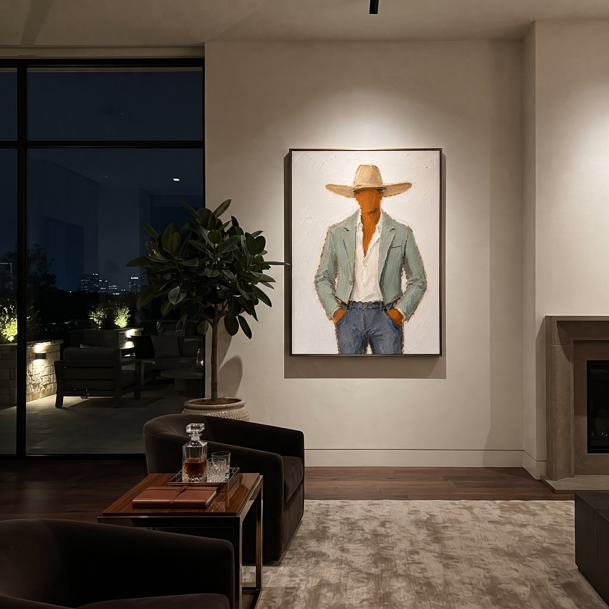 "Close Cowboy Jacket Portrait Painting" focuses on atmosphere, surface movement, and sculptural heavy impasto craftsmanship rather than a fixed literal storyline. The composition uses this hand-painted vertical canvas features a close cropped western figure in a sand colored hat, pale green jacket, white shirt, and blue grey pants as the visual anchor, while layered palette-knife paint, raised plaster-like texture, and softened brush movement create tactile depth across the canvas. Curated with