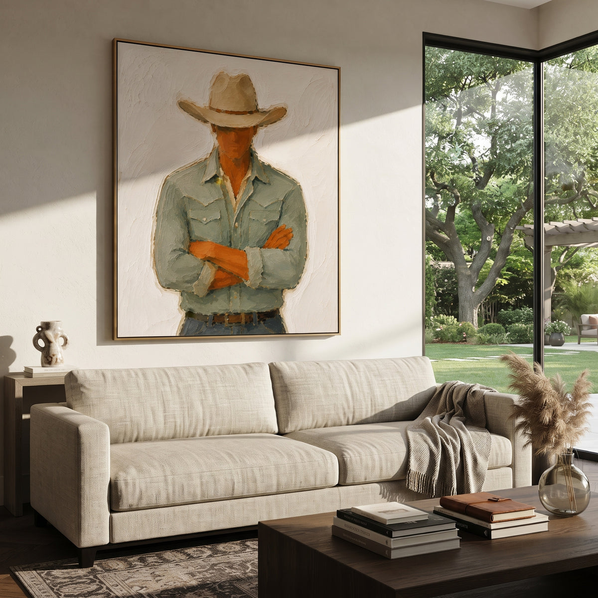 "Crossed Arms Cowboy Portrait Painting" focuses on atmosphere, surface movement, and sculptural heavy impasto craftsmanship rather than a fixed literal storyline. The composition uses this hand-painted vertical canvas shows a cowboy standing with crossed arms beneath a beige hat, dressed in a pale green western shirt and blue grey jeans as the visual anchor, while layered palette-knife paint, raised plaster-like texture, and softened brush movement create tactile depth across the canvas. Curated