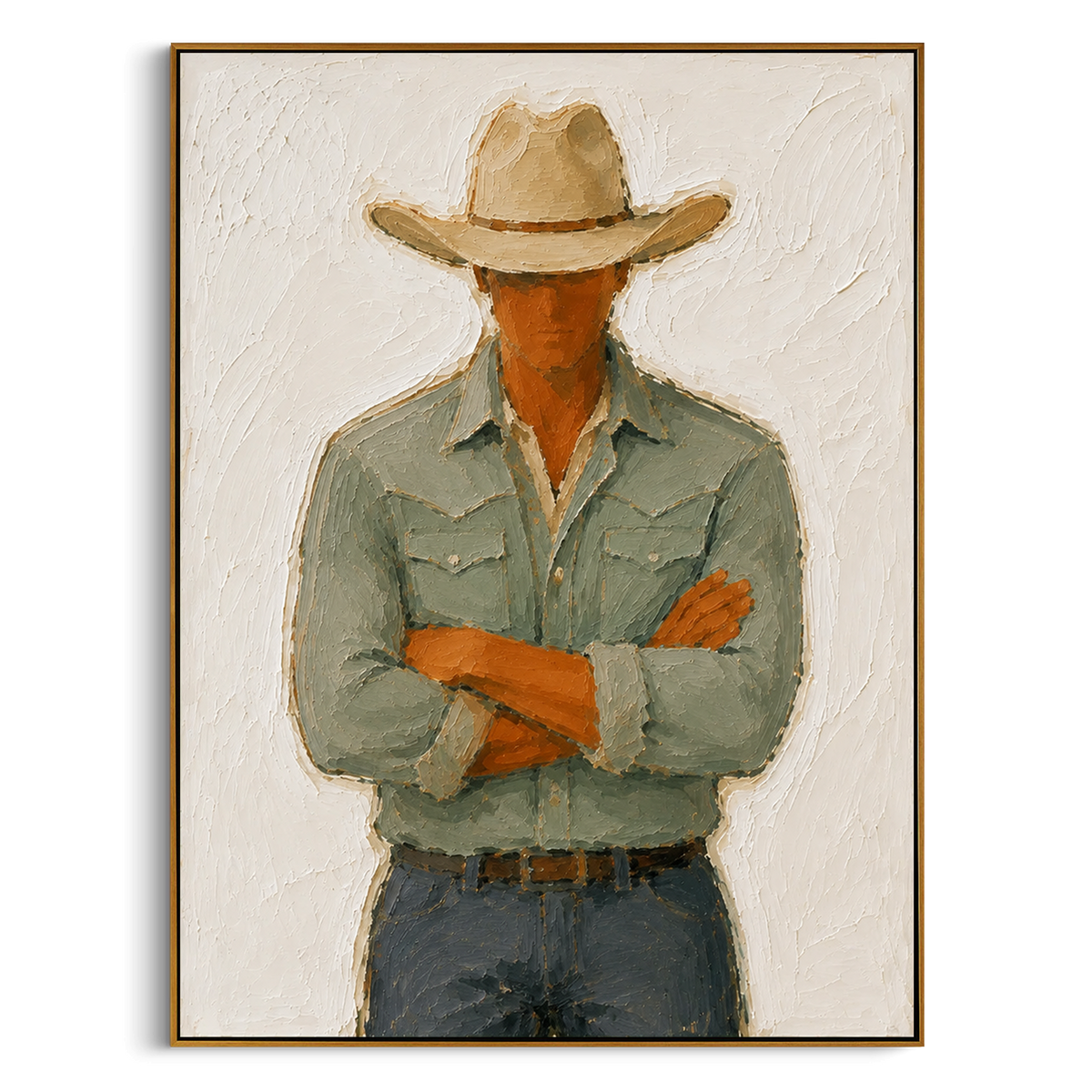 "Crossed Arms Cowboy Portrait Painting" - Modern Heavy Impasto Western Animal Artwork | Green & Beige Palette Knife Painting | Luxury Vertical Wall Art #PT 1490