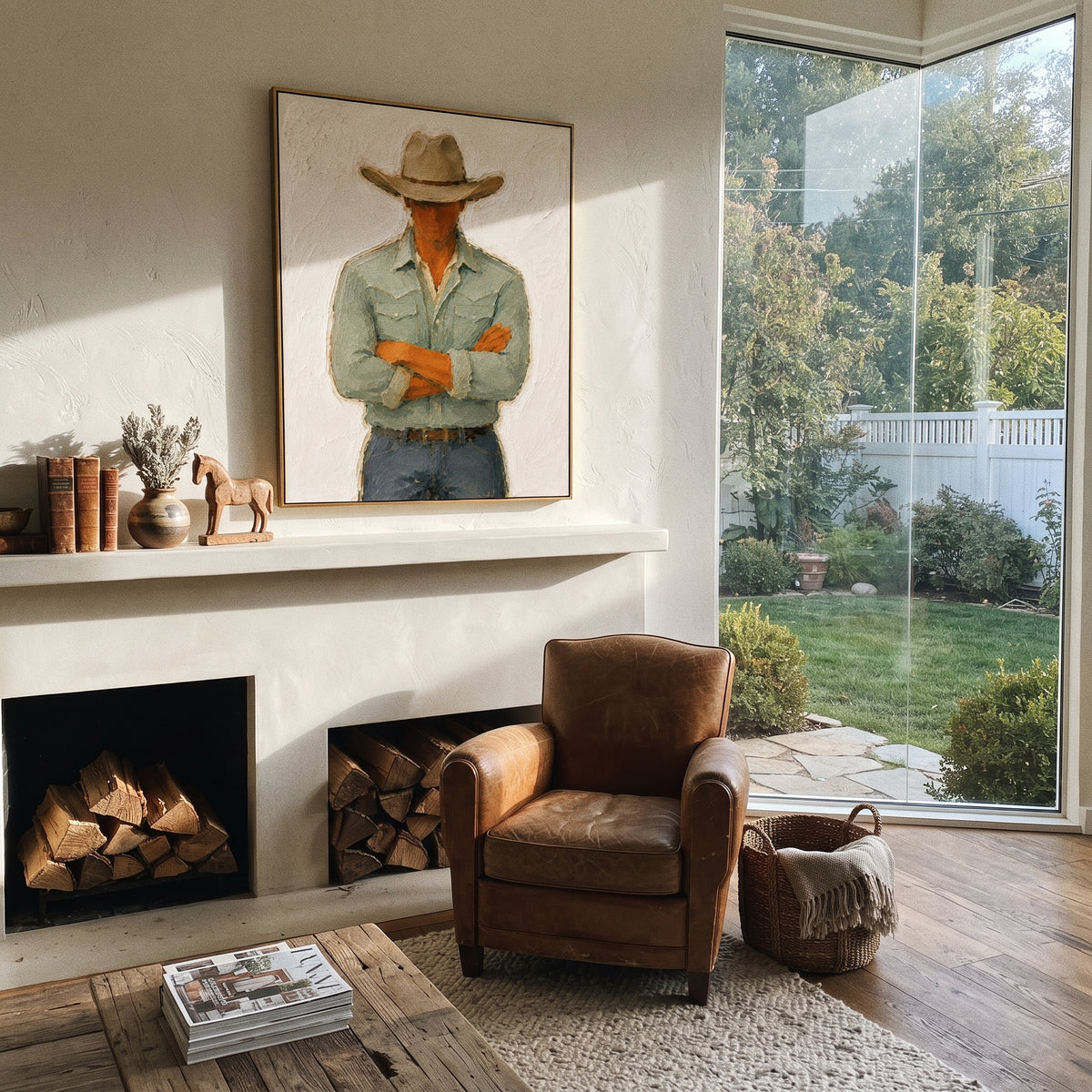 "Crossed Arms Cowboy Portrait Painting" focuses on atmosphere, surface movement, and sculptural heavy impasto craftsmanship rather than a fixed literal storyline. The composition uses this hand-painted vertical canvas shows a cowboy standing with crossed arms beneath a beige hat, dressed in a pale green western shirt and blue grey jeans as the visual anchor, while layered palette-knife paint, raised plaster-like texture, and softened brush movement create tactile depth across the canvas. Curated