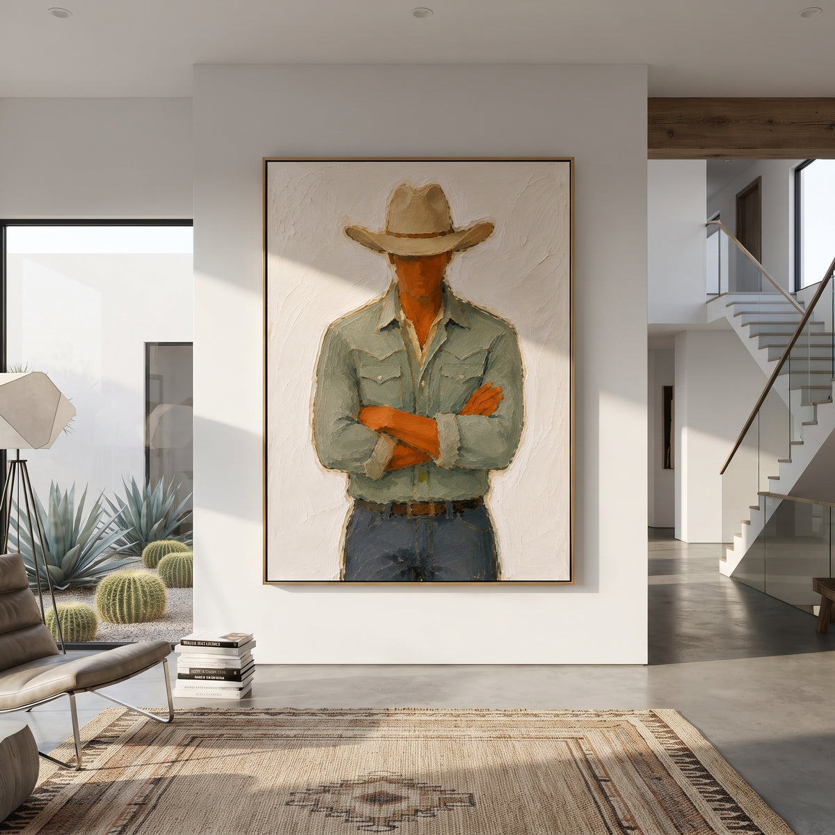 "Crossed Arms Cowboy Portrait Painting" focuses on atmosphere, surface movement, and sculptural heavy impasto craftsmanship rather than a fixed literal storyline. The composition uses this hand-painted vertical canvas shows a cowboy standing with crossed arms beneath a beige hat, dressed in a pale green western shirt and blue grey jeans as the visual anchor, while layered palette-knife paint, raised plaster-like texture, and softened brush movement create tactile depth across the canvas. Curated