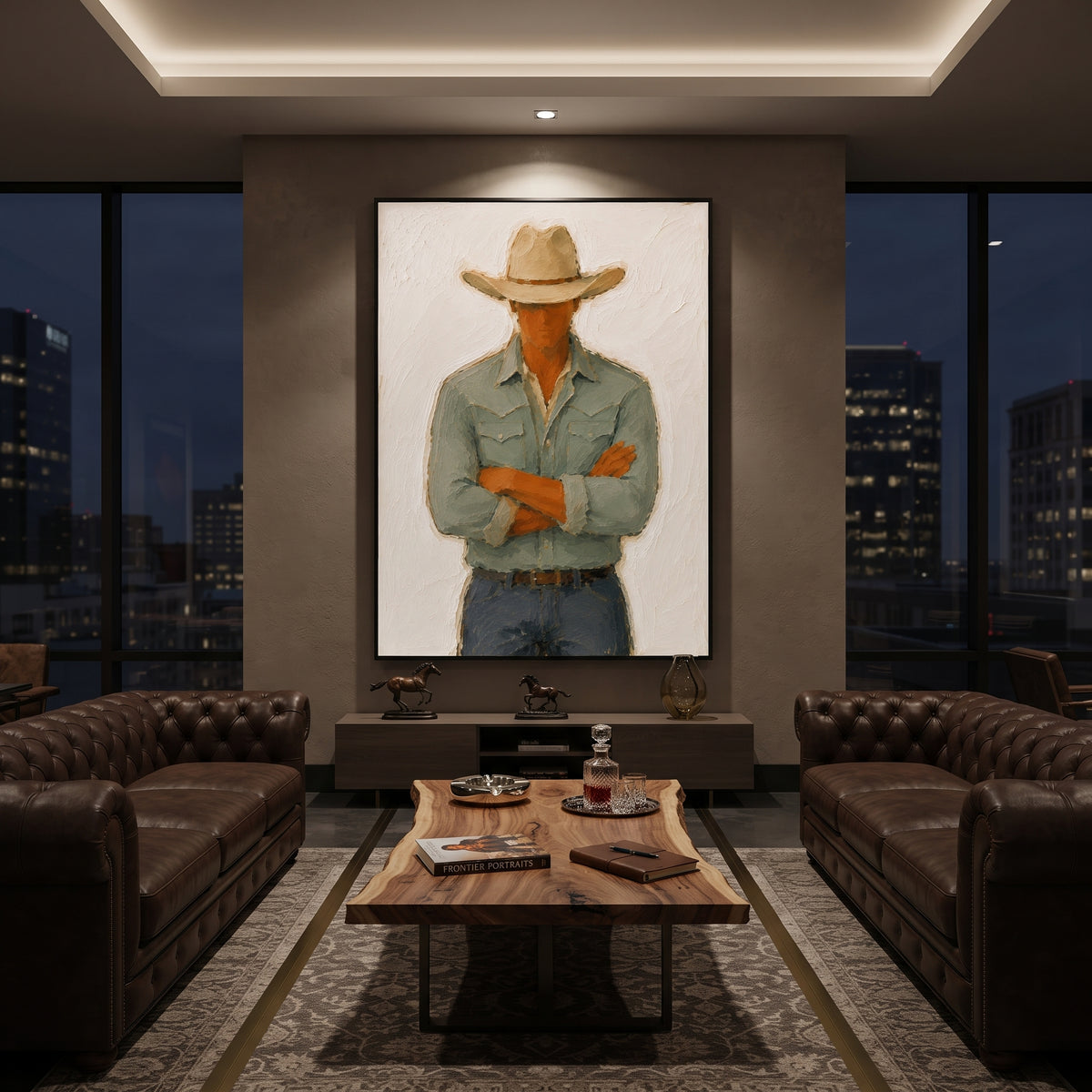 "Crossed Arms Cowboy Portrait Painting" focuses on atmosphere, surface movement, and sculptural heavy impasto craftsmanship rather than a fixed literal storyline. The composition uses this hand-painted vertical canvas shows a cowboy standing with crossed arms beneath a beige hat, dressed in a pale green western shirt and blue grey jeans as the visual anchor, while layered palette-knife paint, raised plaster-like texture, and softened brush movement create tactile depth across the canvas. Curated