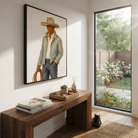 "Lasso Hand Cowboy Painting" focuses on atmosphere, surface movement, and sculptural heavy impasto craftsmanship rather than a fixed literal storyline. The composition uses this hand-painted vertical canvas depicts a side-turned cowboy holding a brown lasso, wearing a wide tan hat, pale green jacket, white shirt, and blue grey jeans as the visual anchor, while layered palette-knife paint, raised plaster-like texture, and softened brush movement create tactile depth across the canvas. Curated