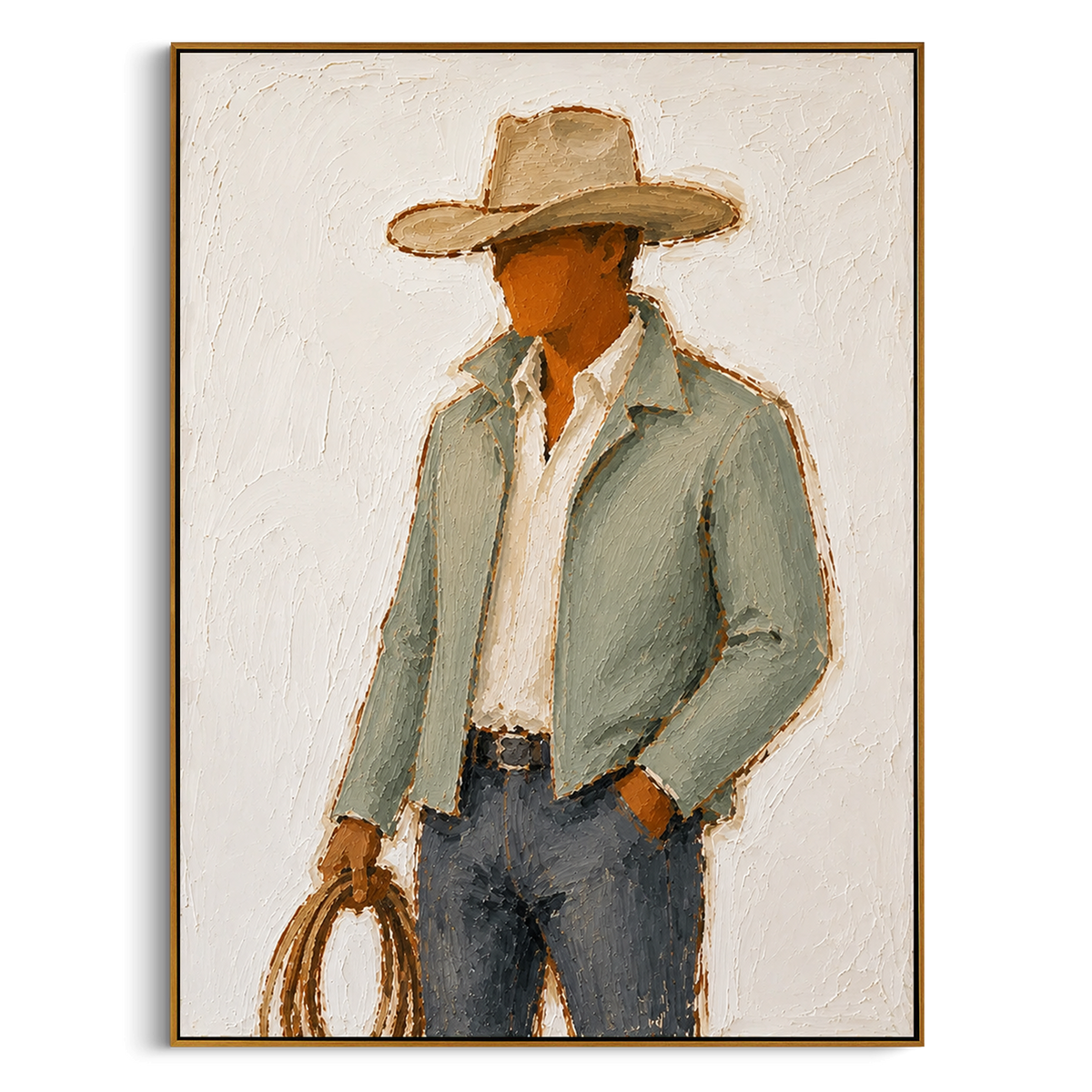 "Lasso Hand Cowboy Painting" - Modern Heavy Impasto Western Animal Artwork | Green & Beige Palette Knife Painting | Luxury Vertical Wall Art #PT 1491