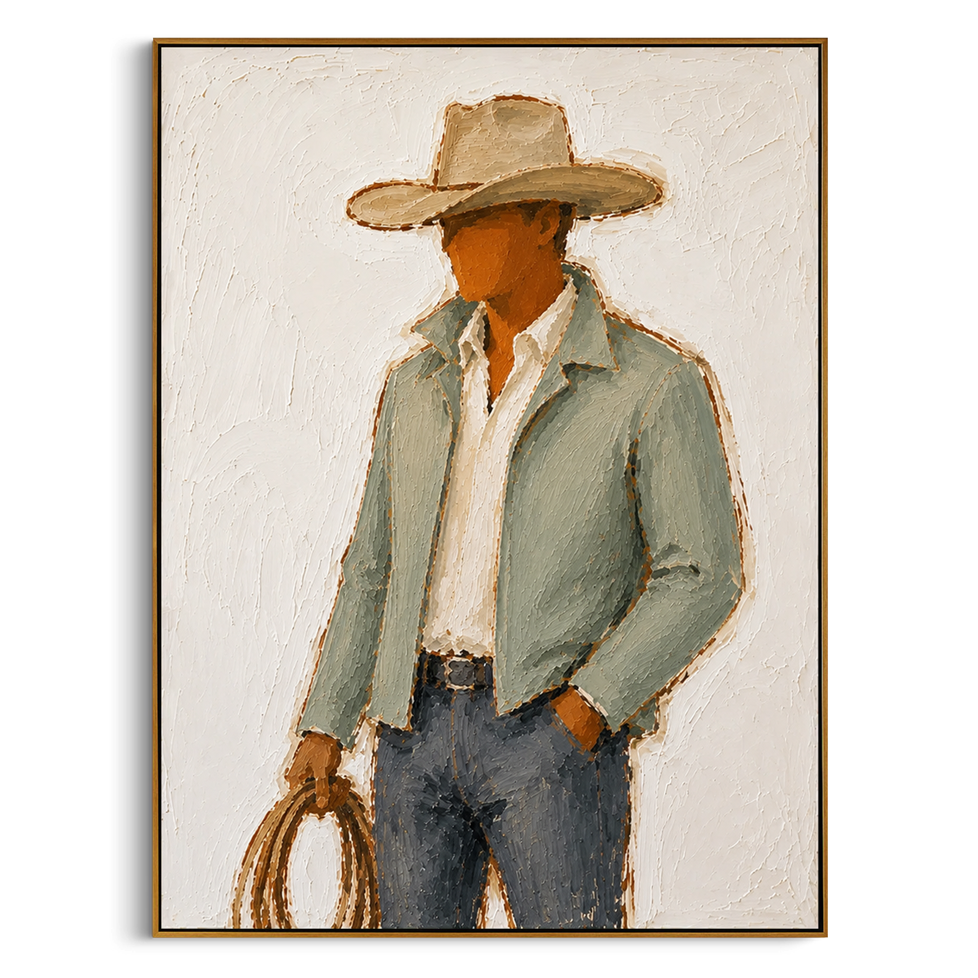 "Lasso Hand Cowboy Painting" focuses on atmosphere, surface movement, and sculptural heavy impasto craftsmanship rather than a fixed literal storyline. The composition uses this hand-painted vertical canvas depicts a side-turned cowboy holding a brown lasso, wearing a wide tan hat, pale green jacket, white shirt, and blue grey jeans as the visual anchor, while layered palette-knife paint, raised plaster-like texture, and softened brush movement create tactile depth across the canvas. Curated