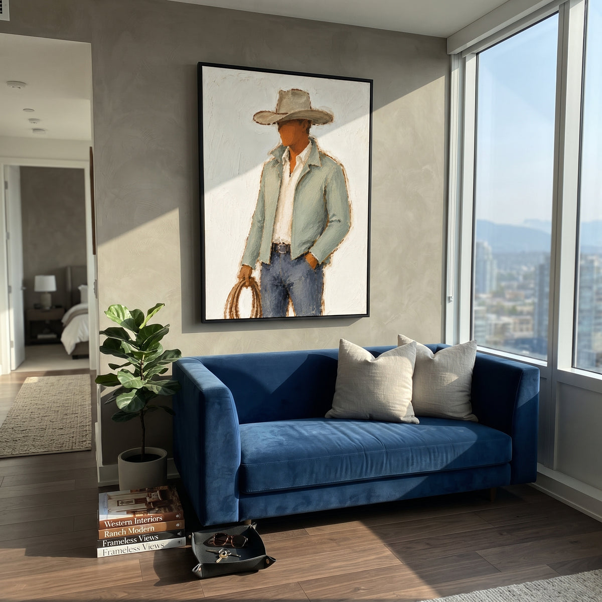 "Lasso Hand Cowboy Painting" focuses on atmosphere, surface movement, and sculptural heavy impasto craftsmanship rather than a fixed literal storyline. The composition uses this hand-painted vertical canvas depicts a side-turned cowboy holding a brown lasso, wearing a wide tan hat, pale green jacket, white shirt, and blue grey jeans as the visual anchor, while layered palette-knife paint, raised plaster-like texture, and softened brush movement create tactile depth across the canvas. Curated