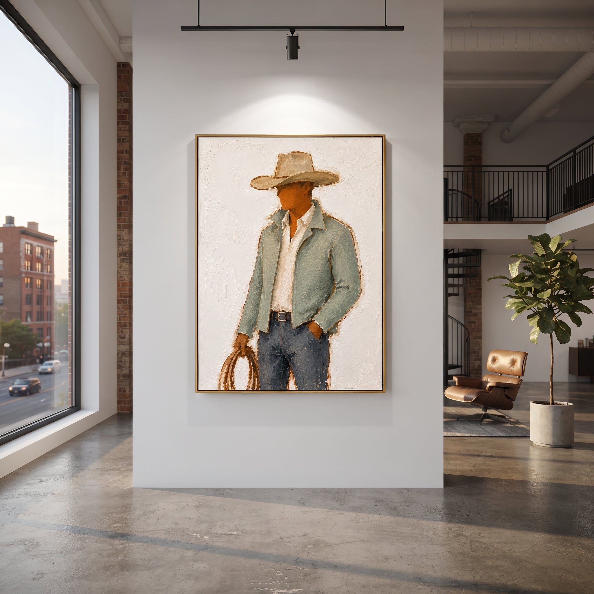 "Lasso Hand Cowboy Painting" focuses on atmosphere, surface movement, and sculptural heavy impasto craftsmanship rather than a fixed literal storyline. The composition uses this hand-painted vertical canvas depicts a side-turned cowboy holding a brown lasso, wearing a wide tan hat, pale green jacket, white shirt, and blue grey jeans as the visual anchor, while layered palette-knife paint, raised plaster-like texture, and softened brush movement create tactile depth across the canvas. Curated