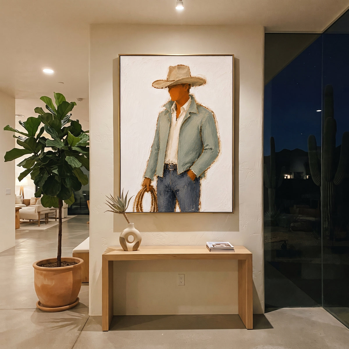 "Lasso Hand Cowboy Painting" focuses on atmosphere, surface movement, and sculptural heavy impasto craftsmanship rather than a fixed literal storyline. The composition uses this hand-painted vertical canvas depicts a side-turned cowboy holding a brown lasso, wearing a wide tan hat, pale green jacket, white shirt, and blue grey jeans as the visual anchor, while layered palette-knife paint, raised plaster-like texture, and softened brush movement create tactile depth across the canvas. Curated